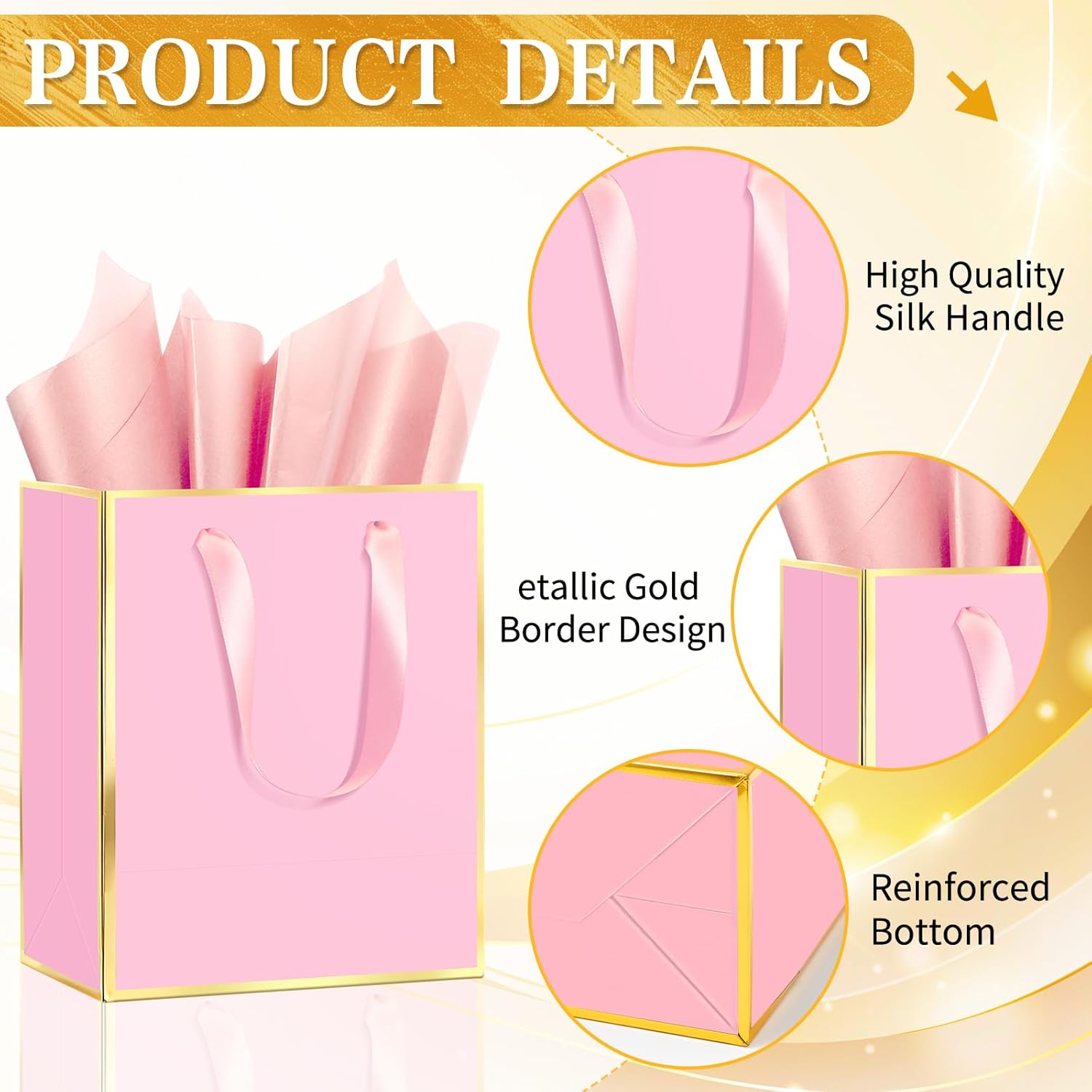 Epoesch Premium Metallic Paper Gift Bags with Handles and Tissue Paper, 8"x5"x10" Inch Dark Blue Gold Edge Welcome Gift Thank You Bags (Pink Gold, 1 Count (Pack of 12)) - Image 3