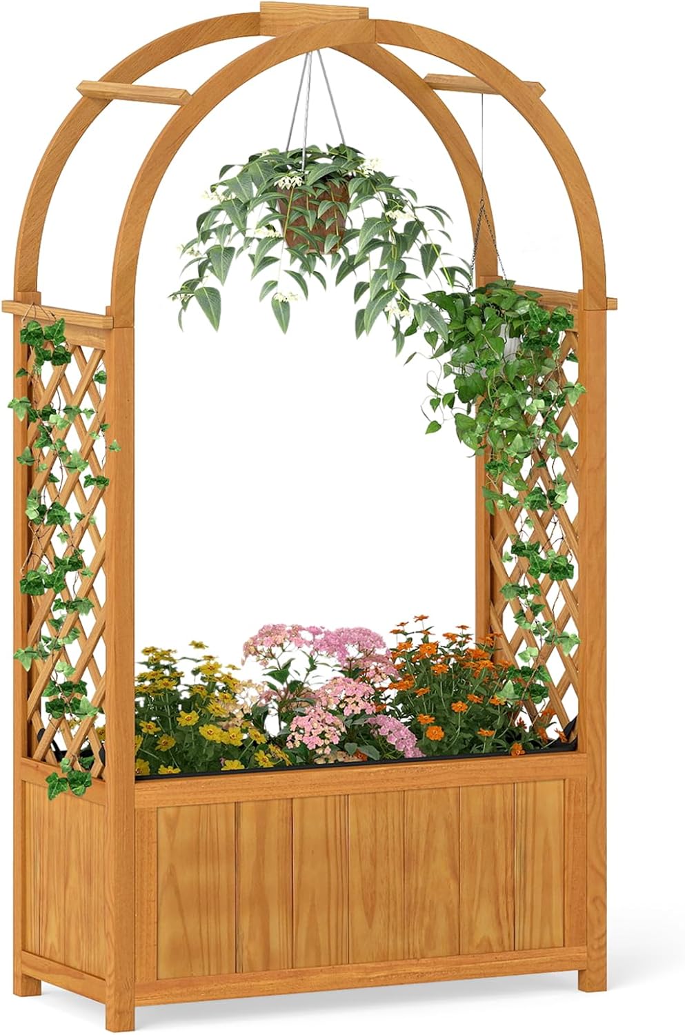 Giantex Raised Garden Bed with Arch Lattice Trellis, for Climbing Vine Flower Vegetable, Wood Planter Box with Liner & Drainage Design, Outdoor Plant Container for Yard Balcony (33"x15"x57")