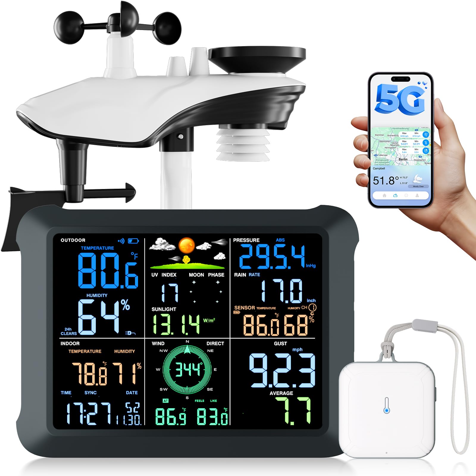 5G/2.4G Dual Band WLAN Wetterstation mit 24/7 AI-Wettervorhersage