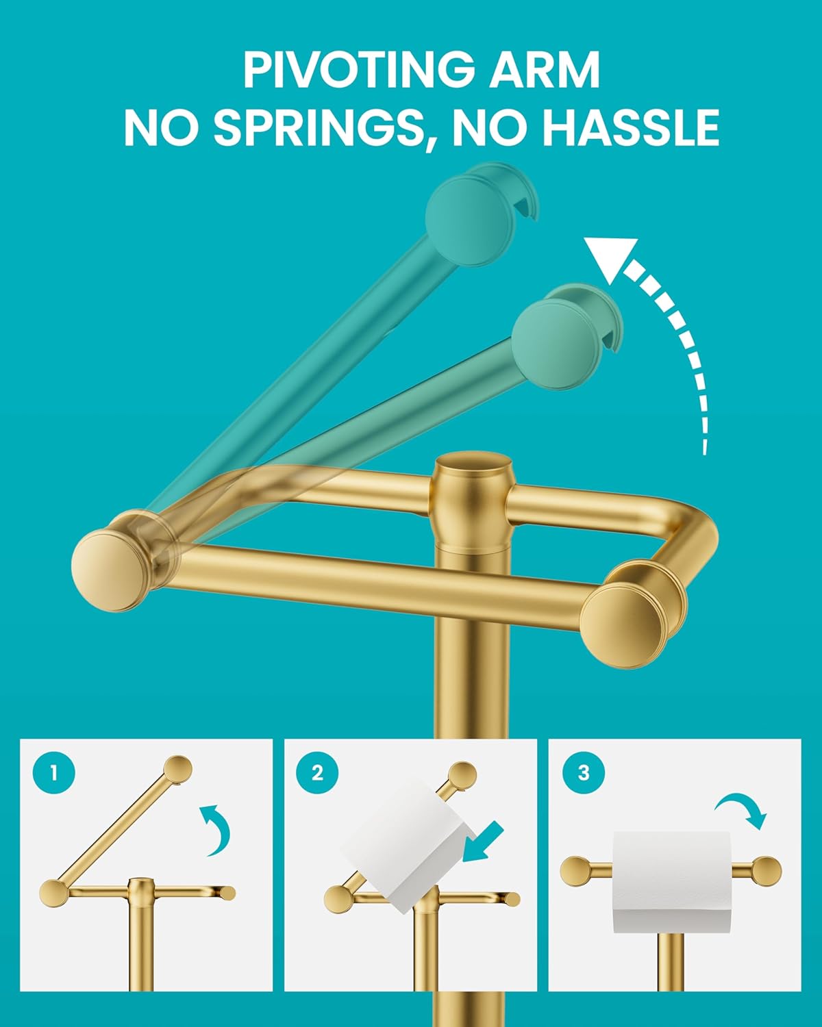Freestanding Toilet Paper Holder Stand, 4.57 LB Weighted Base Toilet Paper Stand with Pivoting Arm, 304 Stainless Steel Floor Toilet Roll Holder No Drilling, 25.6 Inch, Gold