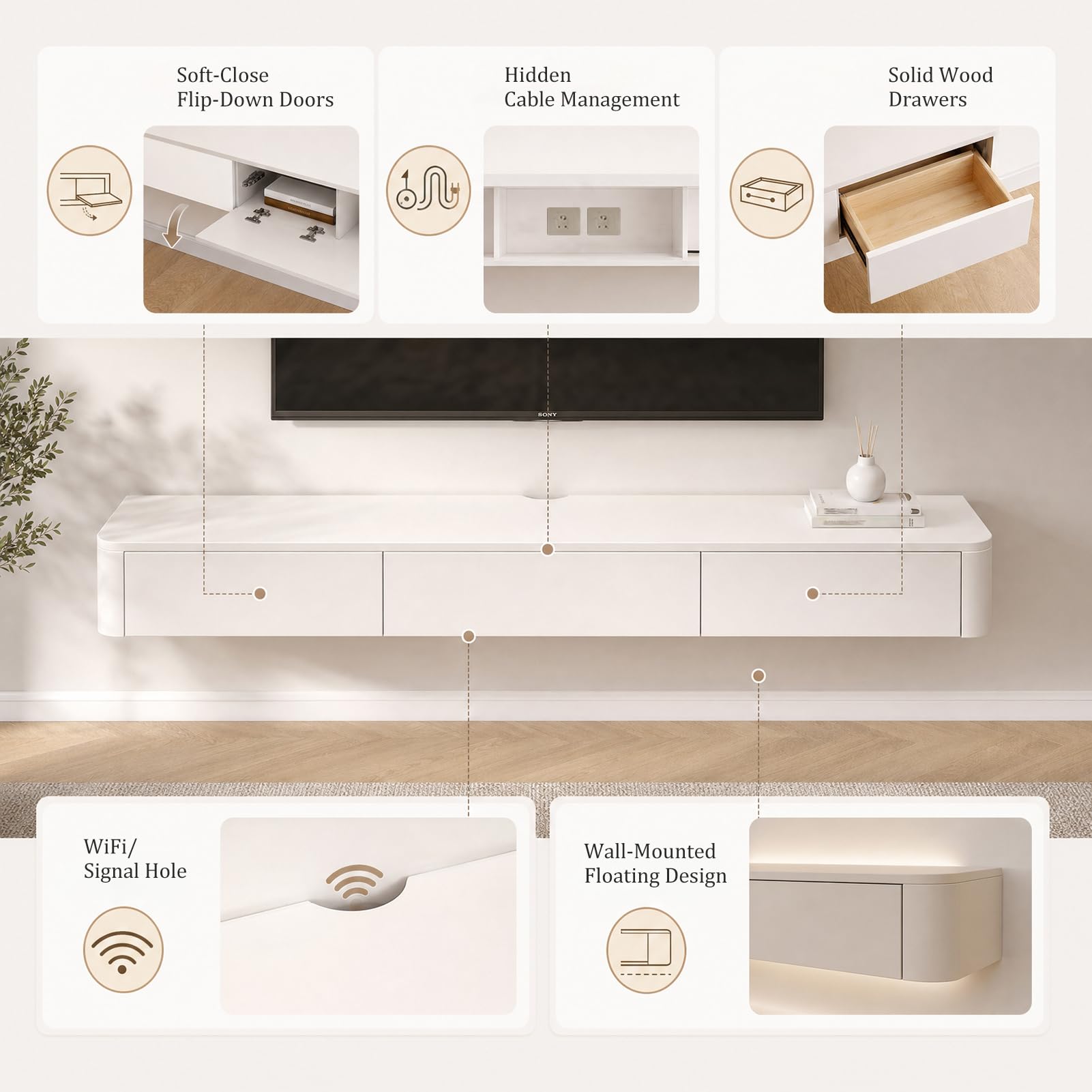 Weiß TV Schrank Schweben,240cm TV Board Hängend,mit 2 Schubladen & 2 Klappen,TV Lowboard Mit Kabelmanagement, TV Tisch für Wohnzimmer und Esszimmer,Einfache Montage