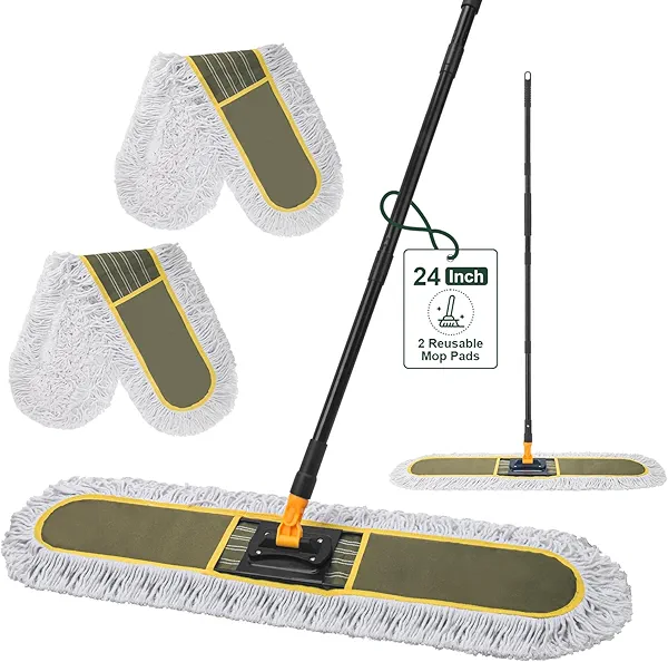 Ylebs 24" Commercial Dust Mops for Floor Cleaning with 2 Replacement Mop Pads, Heavy Duty Large Dust Mop for Hardwood Floors, Industrial Wet Dry Floor Duster for Office Garage Warehouse Factory Mall