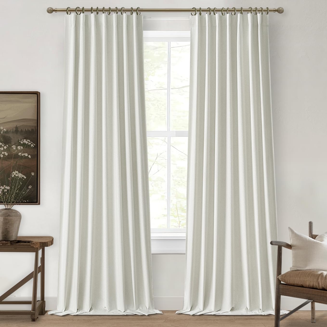 Black Out Curtains 108 Inch Long 2 Panels Burg, Sound Curtains Noise Reducing Heavy Drapes 108 Inches Boho Flax Linen Tall Curtains for Living Room/Office at Home Back Tab&Rod Pocket&Hooks Beige White 50"W x 108"L (Pack of 2)