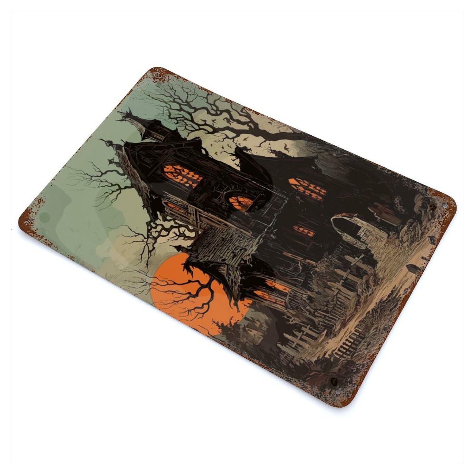 Spooky Haunted House at Sunset Aged Metal Wall Plaque 11.8"x7.9", Old School Wall Decor for Garage, Pub Or Kitchen