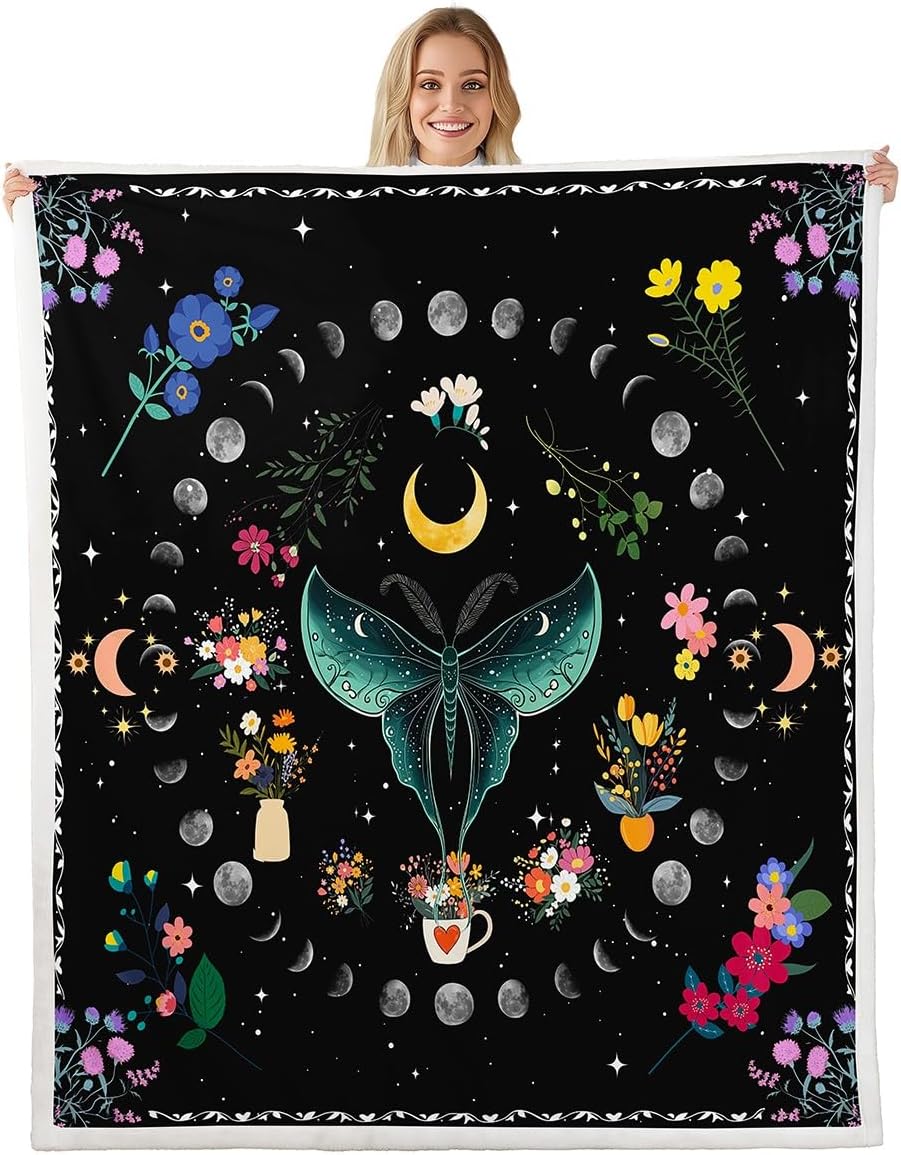 Erosebridal Hippie Moth Sherpa Blanket Girls Flower Blanket for Kids Teen, Psychedelic Galaxy Throw Blanket for Chair Twin Size Colorful Floral Fleece Blanket, Moon Stars Plush Blanket Black