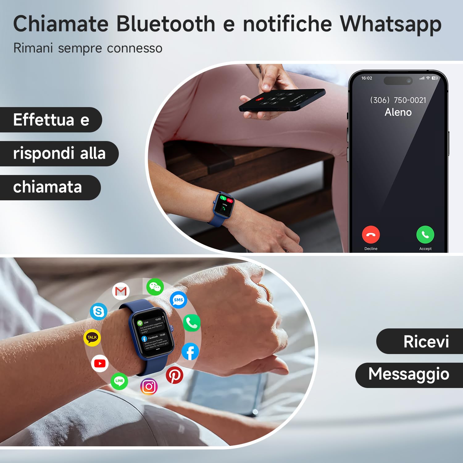 WMK Smartwatch Uomo Orologio Fitness con Rispondere effettuare Chiamate Cardiofrequenzimetro Sonno Alexa SpO2 Contapassi-IP68 Smart watch donna con 110+ Sportive Giochi per iOS Android(Blu)