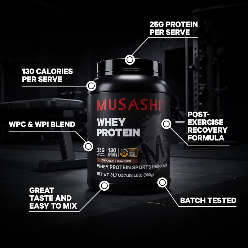 Musashi Whey Protein Powder, Chocolate, 25g Protein, WPC & WPI Blend, 900g image 4