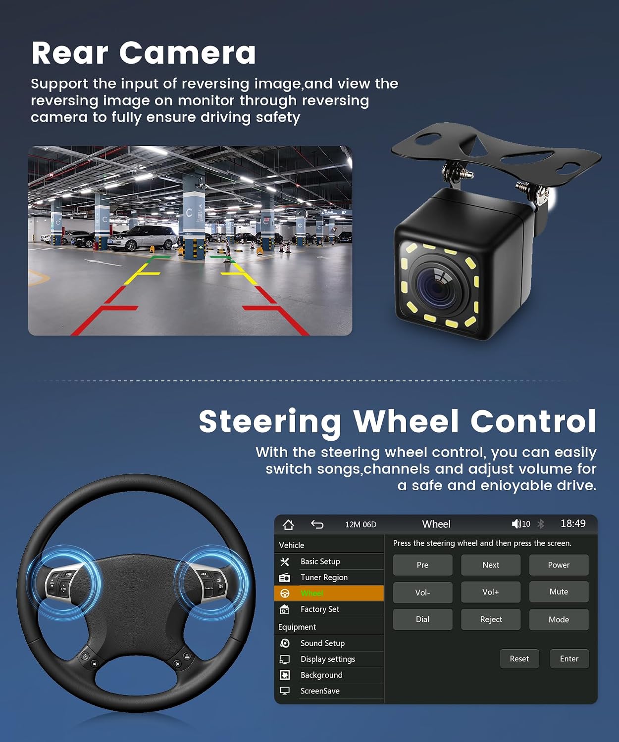 Podofo Car Radio displaying Bluetooth music playback and hands-free calling interface.