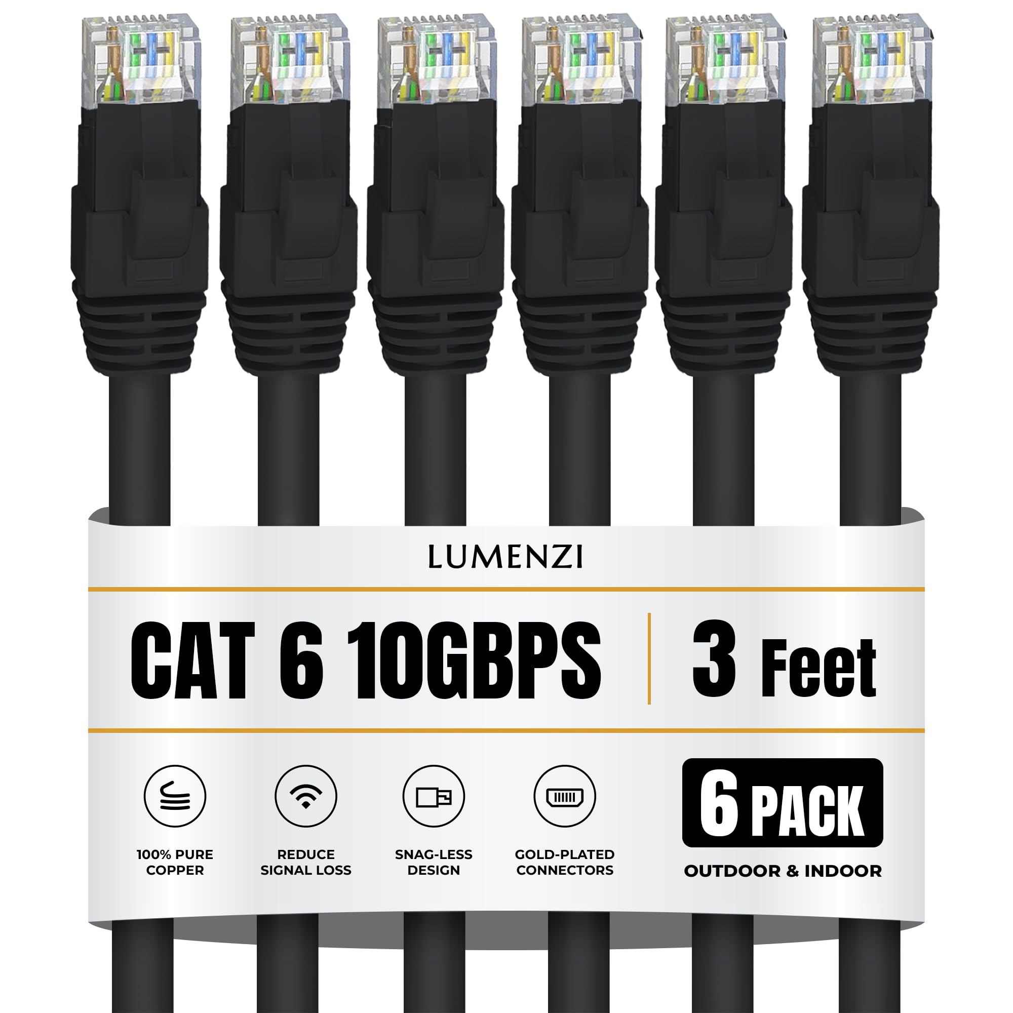 Lot de 6 câbles Ethernet Cat 6 de 0,9 m, noir, 10 Gbit/s, pour réseau Rj45 rond court et extérieur à enfouissement direct direct en cuivre nu pour routeur, jeu, PS5, Xbox, imprimante, ordinateur,