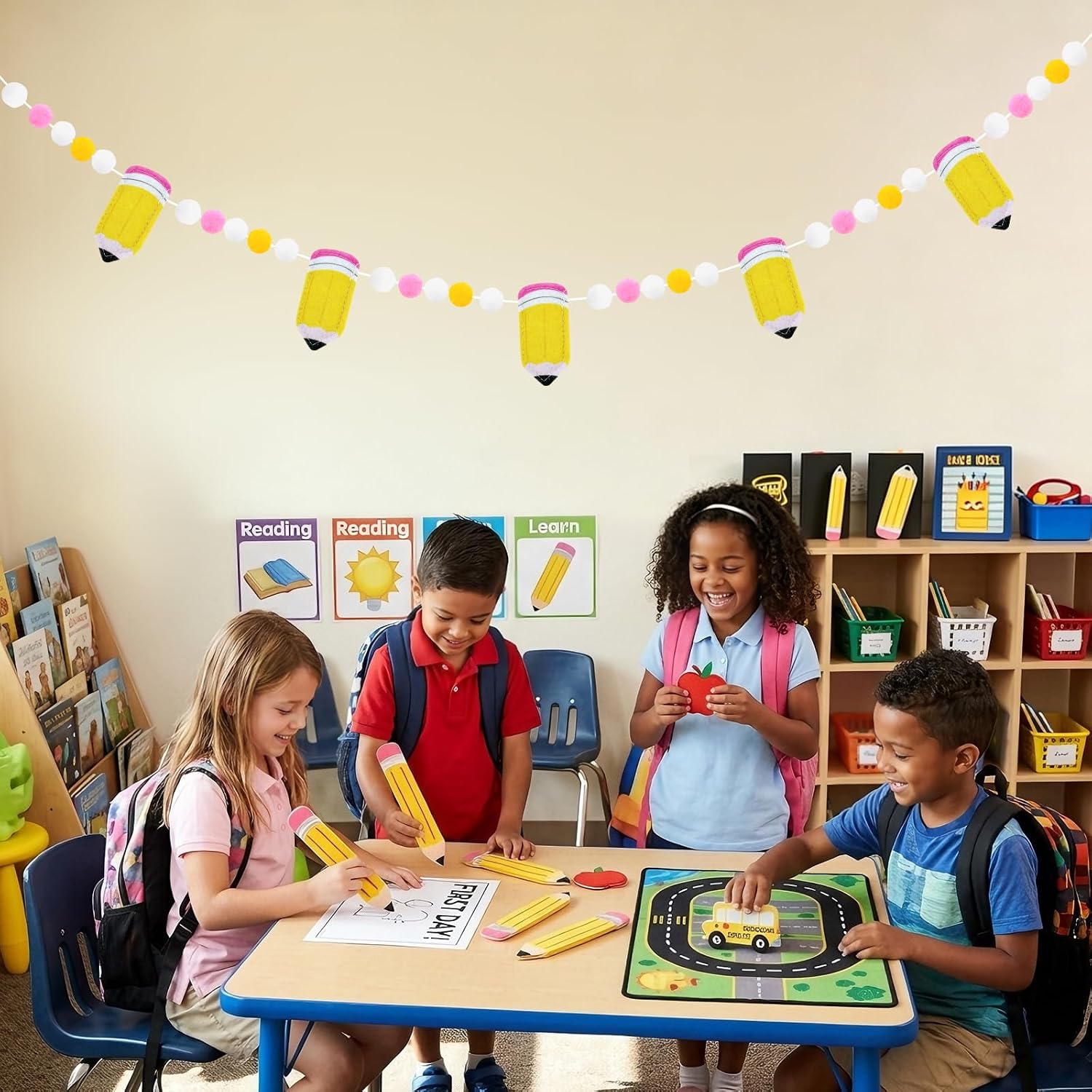 Back to School Pencil Felt Ball Garland – Colorful Pom Pom Classroom Banner Decorations for Classroom Wall, Bulletin Board and First Day of School Party Supplies