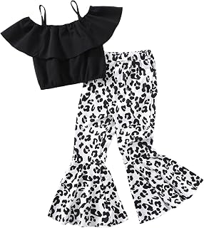 Girl's 2 Piece Outfits Ruffle Trim Cold Shoulder Cami Crop Top and Leopard Print Flared Leg Pants Sets