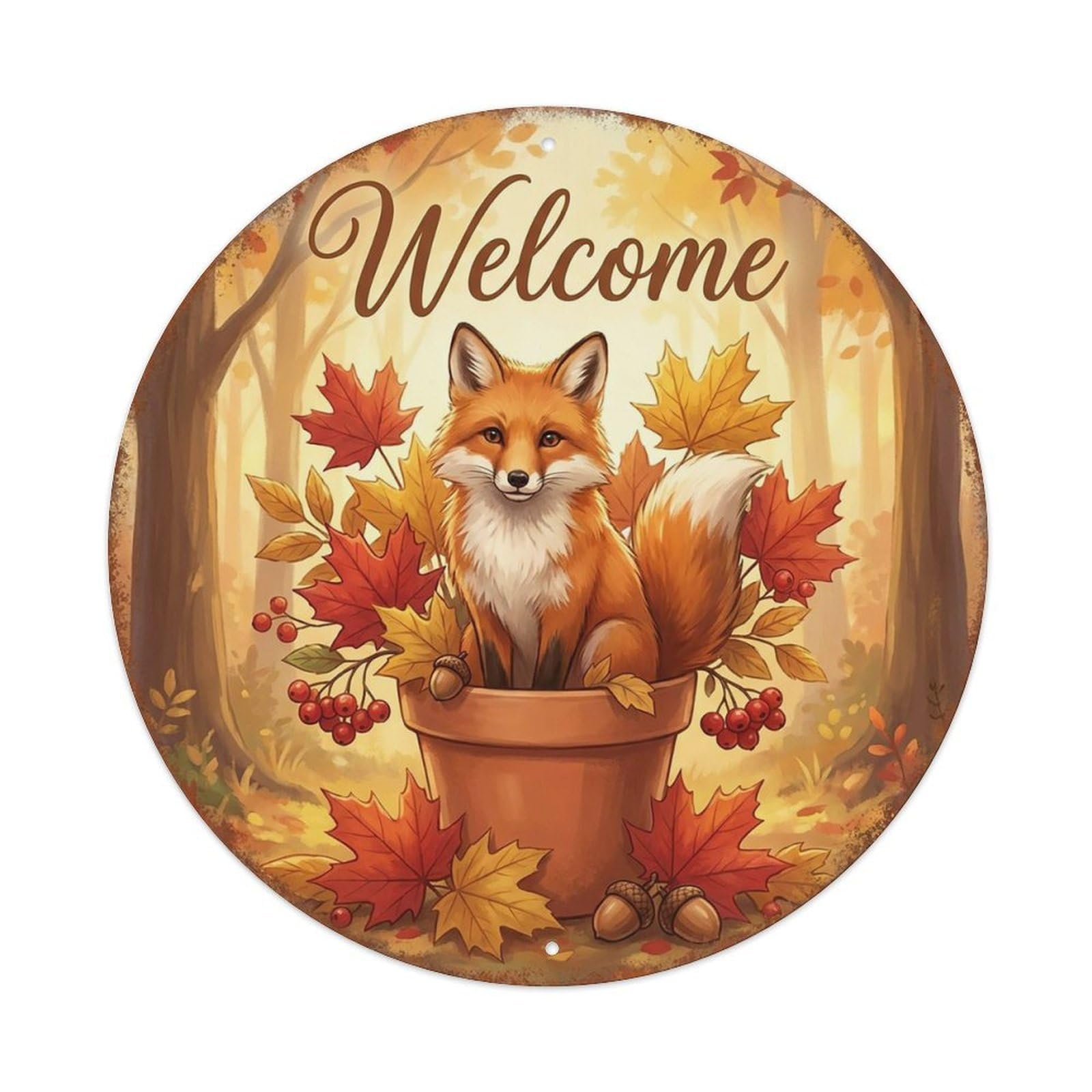 Welcome Fox Fall Maple Leaves Vintage Metal Tin Sign Plaque Wall Decor for Cafe, Club Bar, Office, Garden Metal Poster 8x8Inch
