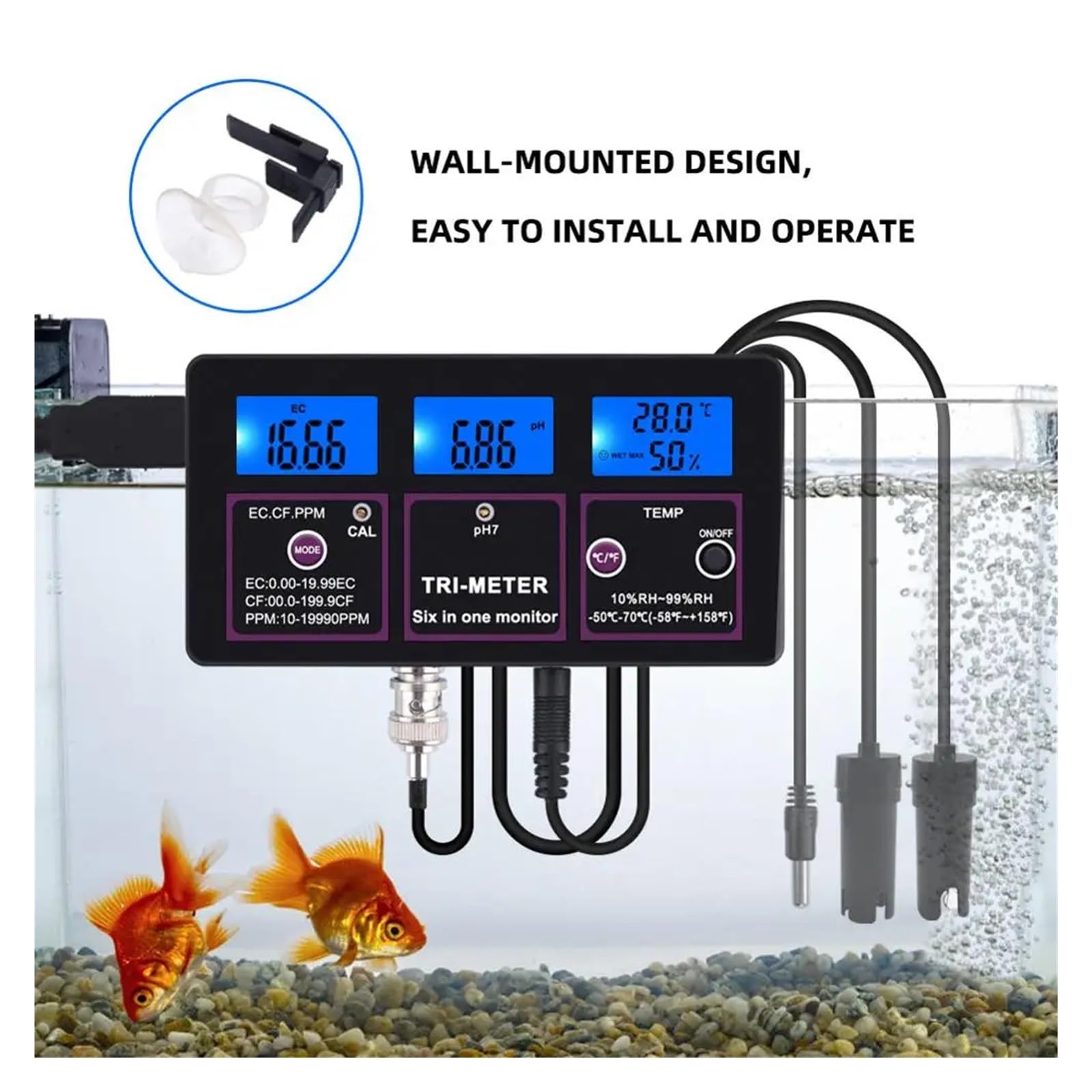 Medidor Agua Monitor De Calidad del Agua 6 En 1, Medidor Análisis PH For Acuario, TDS EC CF RH, Detector Conductividad Multiusos Preciso Fácil