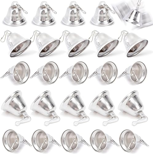 MCPINKY 45 cascabeles plateados para manualidades, campanas pequeñas, campanas pequeñas con ganchos de resorte para colgar para campanillas de
