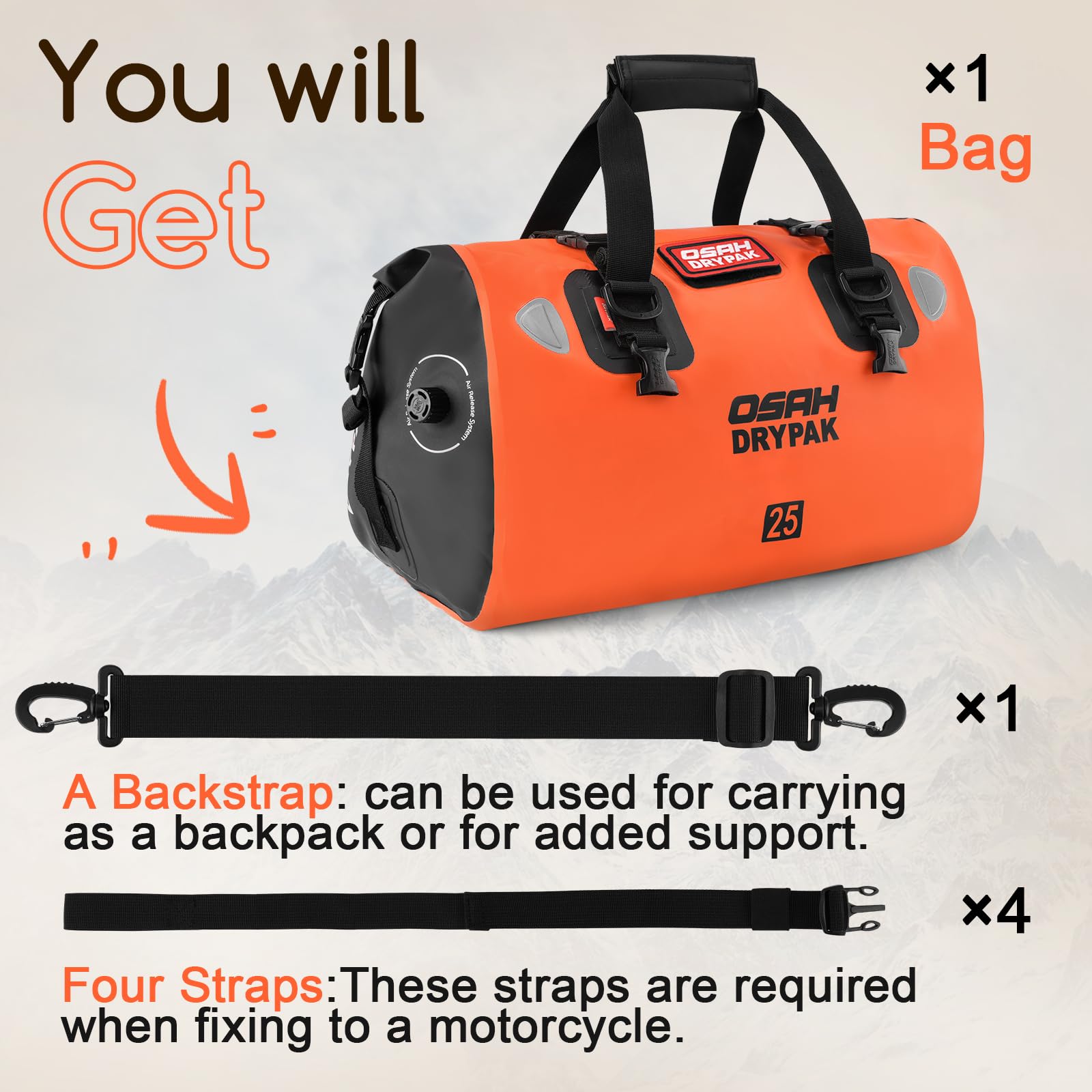 OSAH DRYPAK Bolso de Lona Impermeable - Bolsa estanca para Moto con Gran Capacidad de Almacenamiento, Viajes, Acampada, Kayak, Pesca