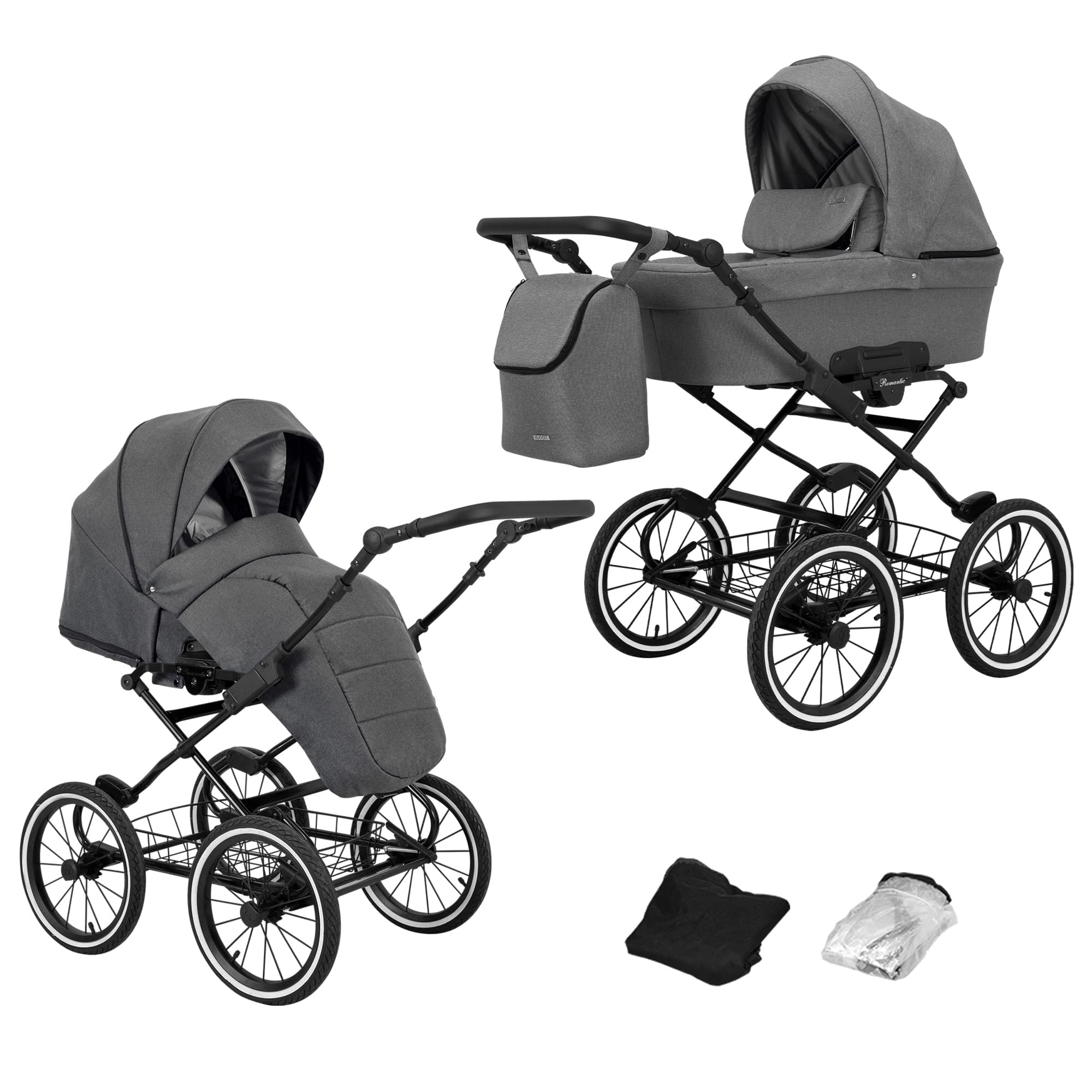 KUNERT Kinderwagen ROMANTIC retro Sportwagen Babywagen Autositz Babyschale Komplettset Kinder Wagen Set 2 in 1 und 3 in 1 (grau- schwarz rahmen, 2in1)