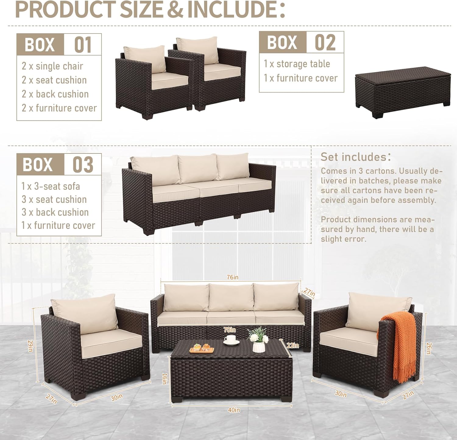 Patio Furniture Set 4 Pcs Outdoor Furniture Sets Patio Couch Outdoor Chairs Coffee Table with Storage Khaki No-Slip Cushions and Waterproof Covers