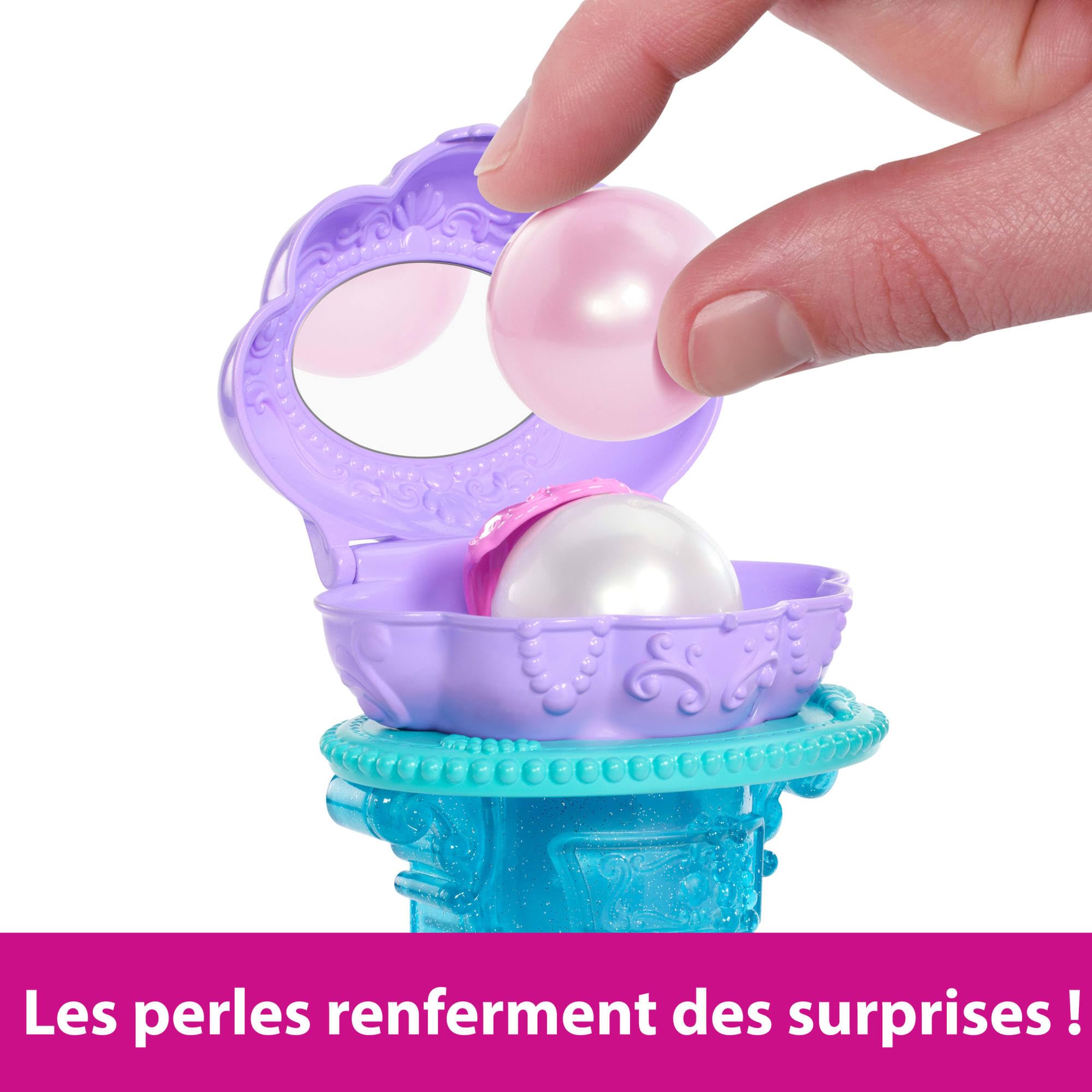 Princesses Disney Ariel Secrets de Perle Coffret poupée avec queue amovible et coiffeuse, 5 surprises réutilisables et 5 accessoires, JBF86