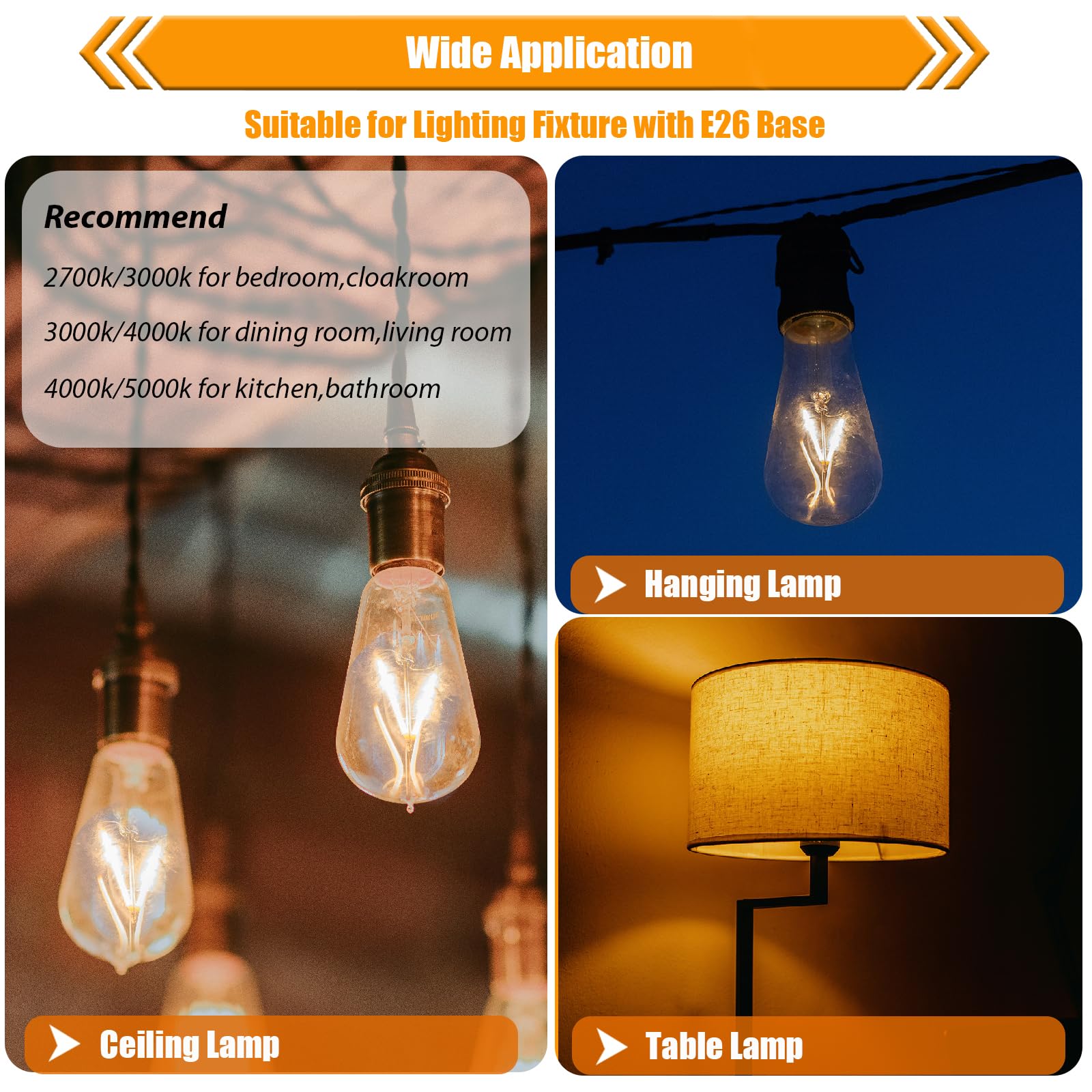 WIAONE winsaLED - Paquete de 12 bombillas LED Edison de 2 W, equivalente a bombillas de 25 W, 2700 K, blanco suave con base estándar E26, bombillas LED ST19 de bajo vatio, no regulables, 120 V