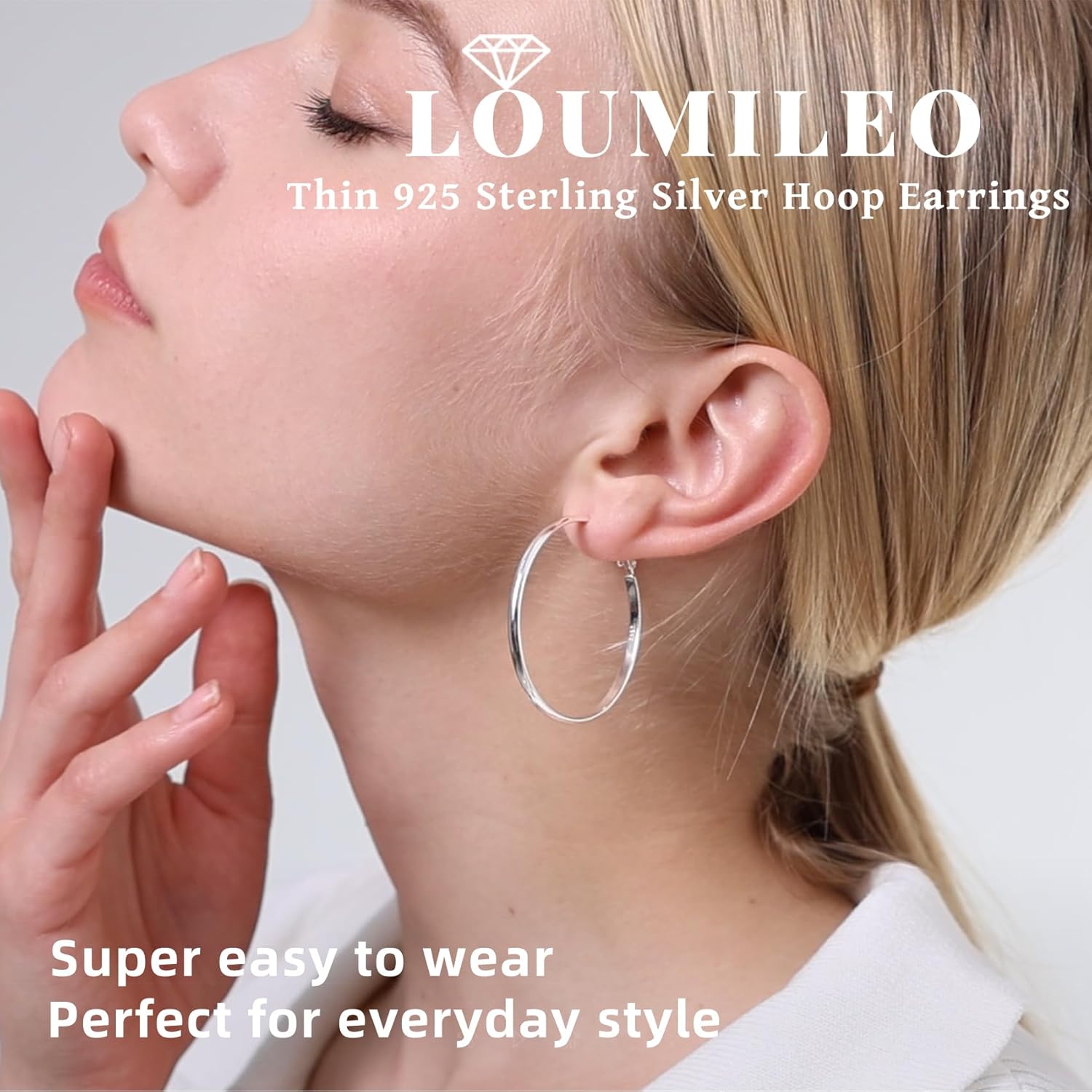 LOUMILEO 2mm Thin 925 Sterling Silver & 14k Gold Plated Hoop Earrings Large Silver Hoop Earrings Hypoallergenic Lightweight Hoops Earrings for Women 30/40/50/65MM - Image 2