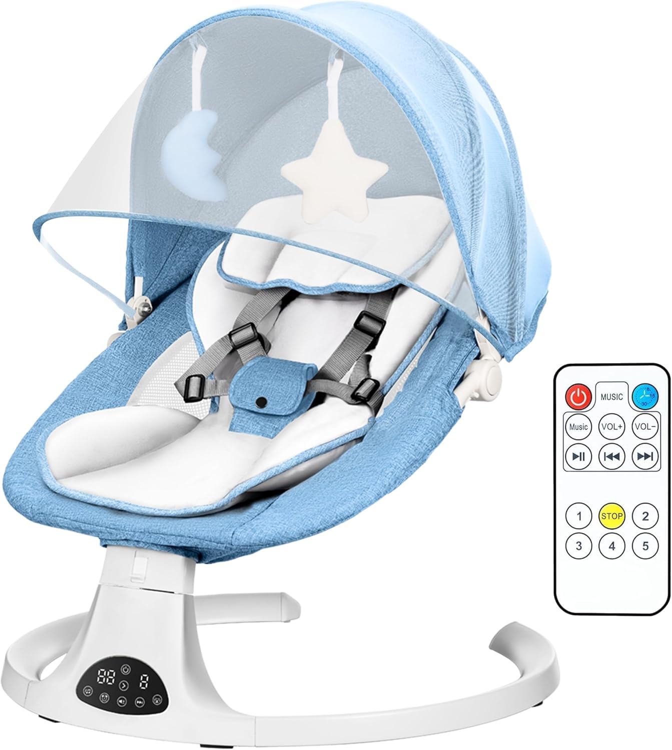 Baby Bouncer, Portable Electric Baby Swing with Bluetooth, 5 Swing Speed, 3-Stage Timer, 5-Point Harness, Remote Control & Touch Panel, Bouncer from Birth with 2 Soft Toys & Soft Pillow (Blue)