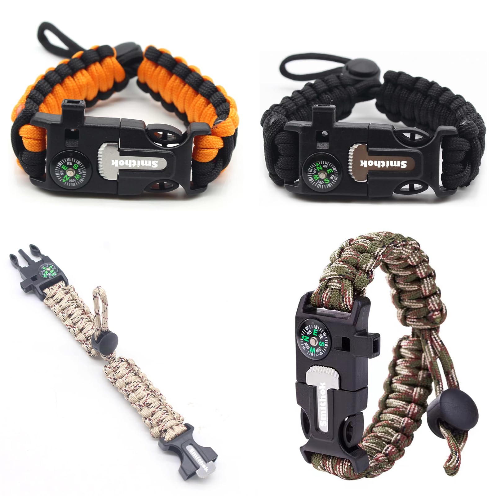 Smithok Paracord Survival Bracelet-Length Adjustable,Loud Whistle Emergency Compass Survival Fire Starter Scraper Accessories for Hiking and Camping and Hunting 4-Pack(Muti-Color),-image-4