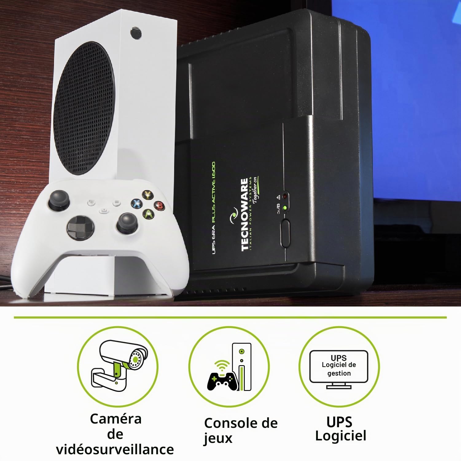 Tecnoware UPS ERA PLUS ACTIVE 1600, Onduleur 1600VA,Protection contre coupures de courant pour PC avec PFC Actif, Mac, Console de jeu, AVR, USB, 15min pour PC professionnel - 40min pour Console de jeu