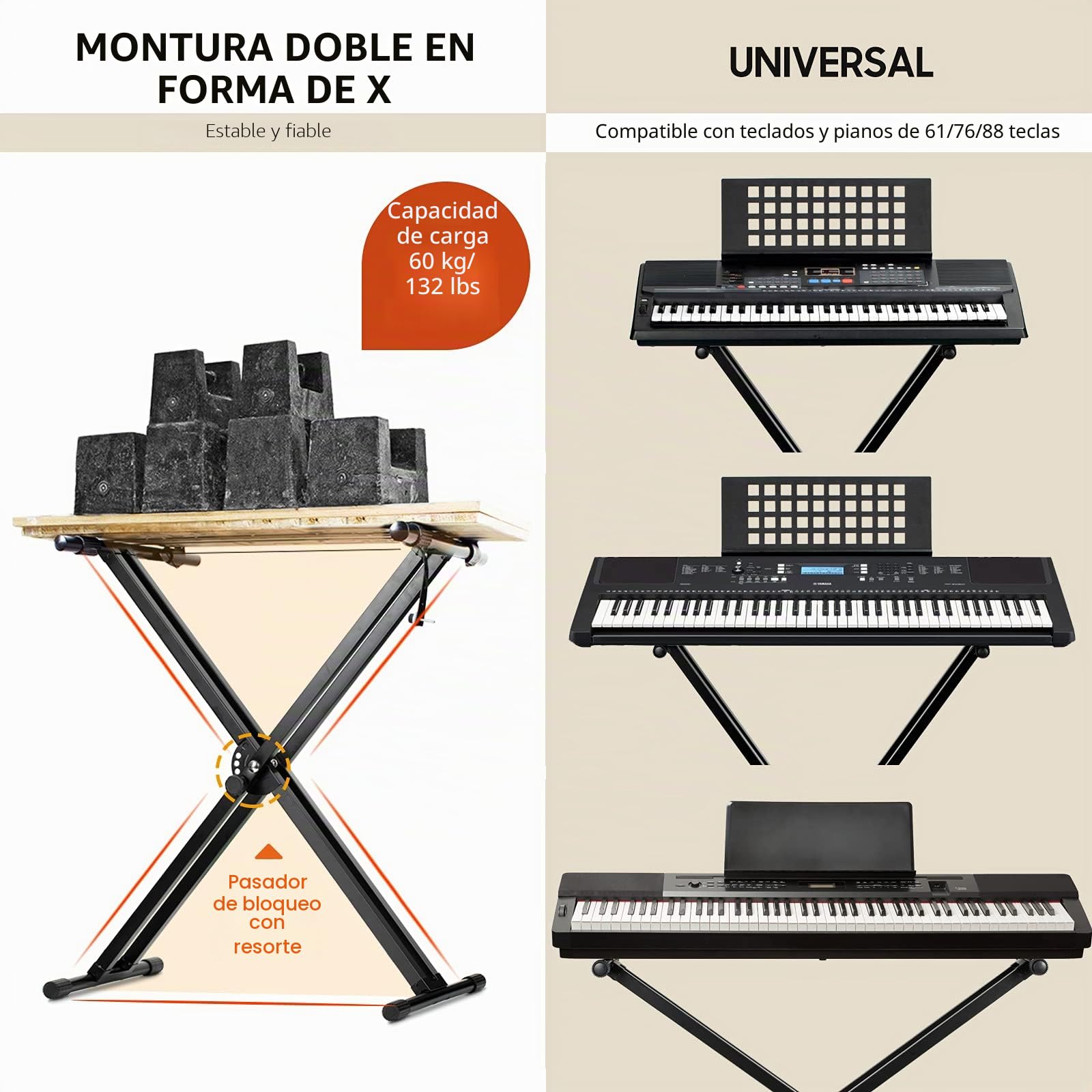 CAHAYA Soporte de Teclado de Doble Refuerzo Soporte para Teclado Musical Electrónico con 5 Niveles de Altura Regulable para Piano Digital de 61 76 88 Teclas Modelo CY0245