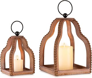 Wood Lanterns Decorative Indoor: Farmhouse Hanging Candle Holder Set of 2 Brown Table Centerpiece Fireplace Mantle Shelf Rustic Home Decor Fall Ornaments