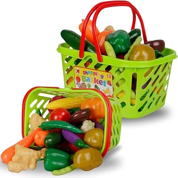 38 PCS Fruits and Vegetables Shopping Basket Play Food Plastic Toys Set, Healthy Farmers Market Grocery Educational Pretend Play Set for Kids