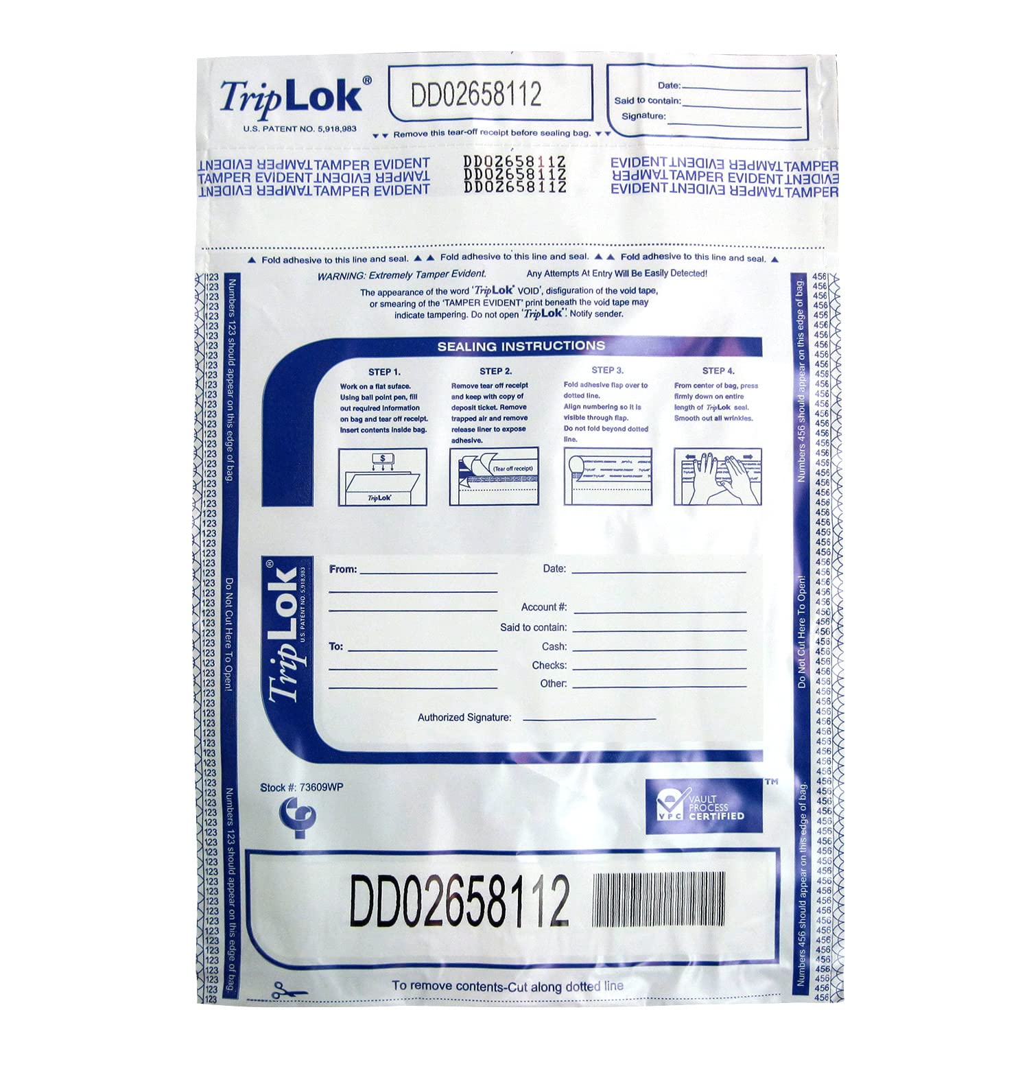 TripLOK Tamper-Evident Deposit Bags, Cash Currency Handling & Valuables, Moisture, Heat, Cold Detection, Outside Reclosable Pocket, Tear-off Receipt + Large Barcodes, 9" x 12" White w/Pocket, 100 Bags