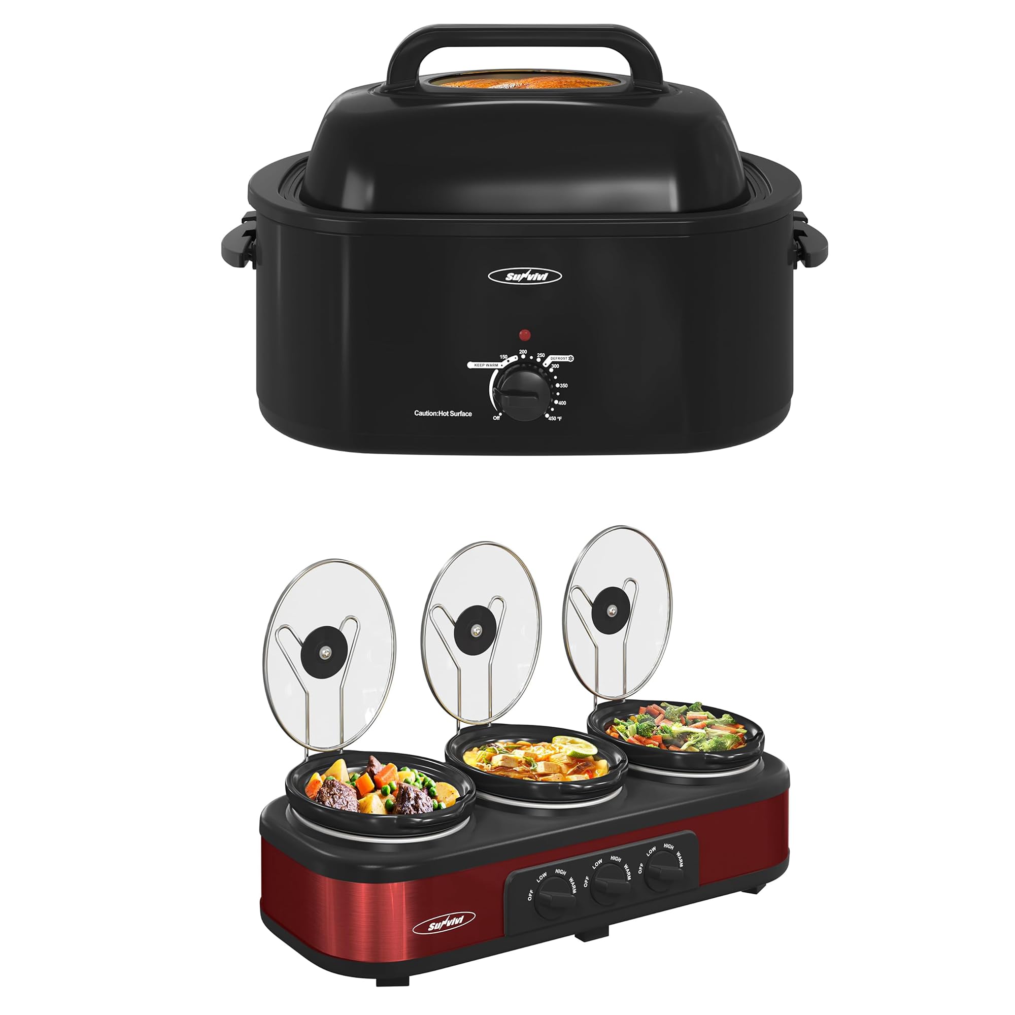 Sunvivi Roaster Oven and Slow Cooker Turkey Roaster 24 QT with Unique Defrost Warm Function Black 3 Pot