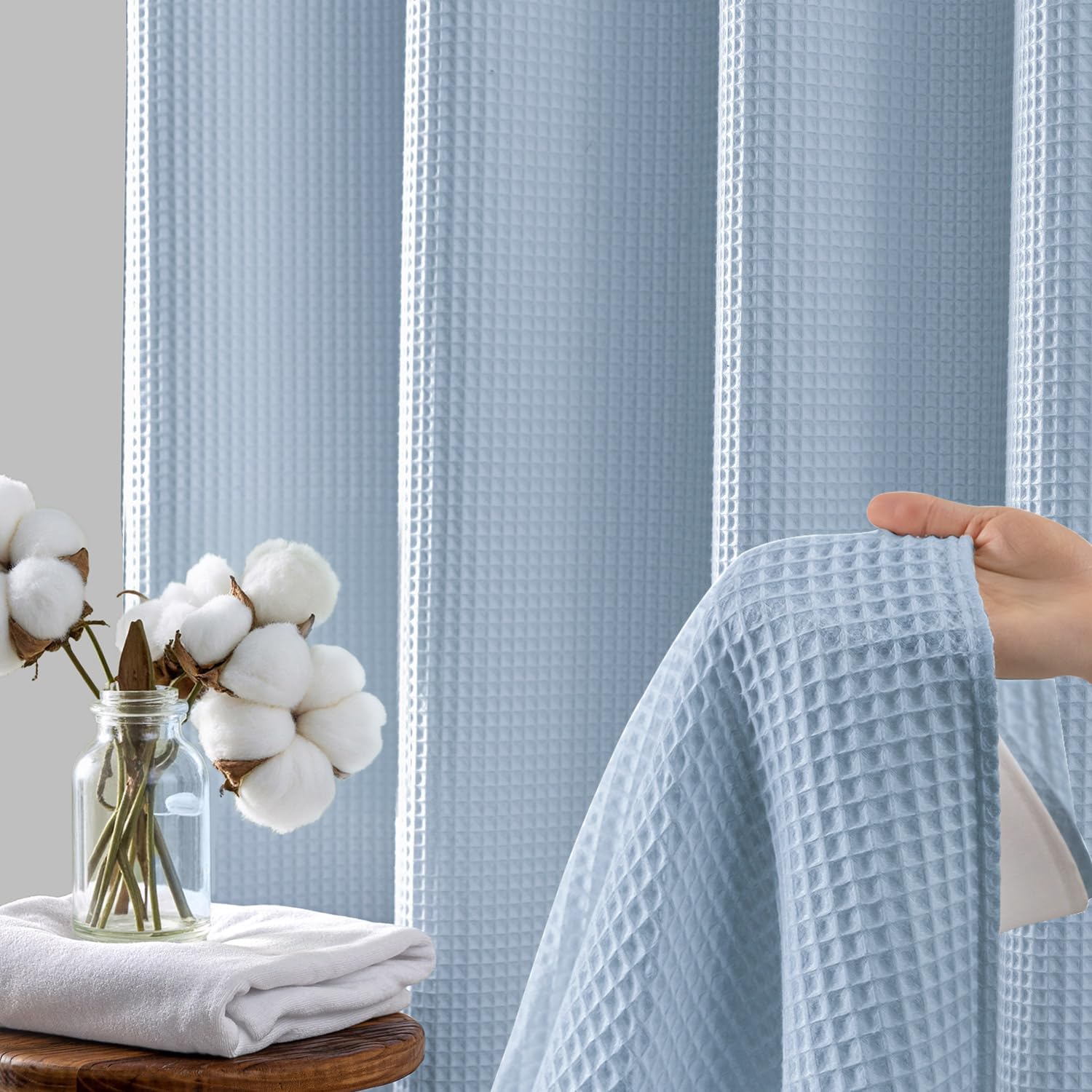 River Dream Misty Blue Fabric Shower Curtain Set, Cotton Blend, Waffle Weave, with Snap in Replacement Liner，54 x 80 inches