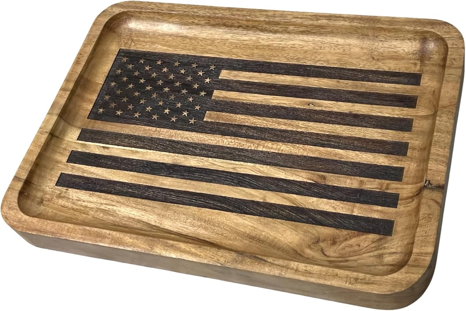 American Flag Valet Tray – Acacia Wood Catch All, EDC Tray – Every Day Carry Bedside Holder, Dump Tray EDC Organizer, Nightstand Organizer, Decorative Key Holder, 11 x 7.75 x 1 inches
