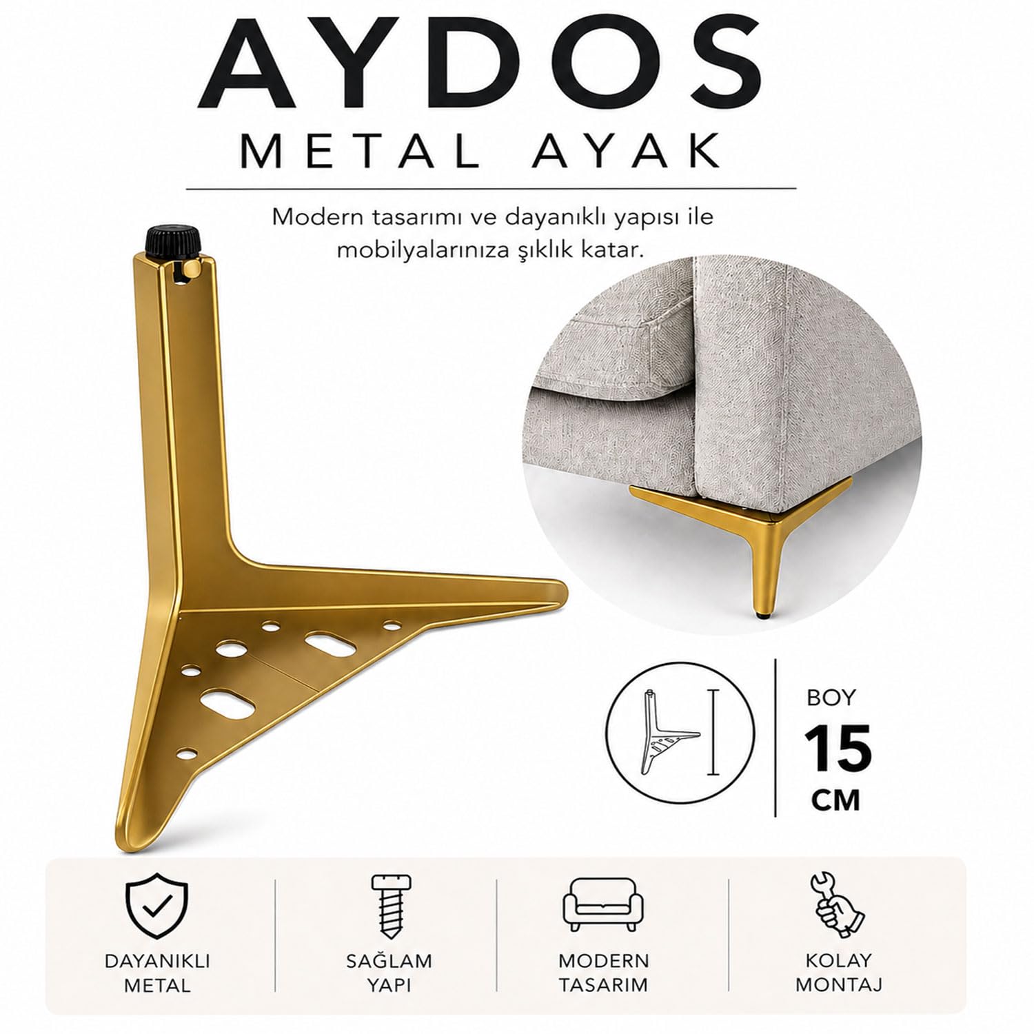 AYDOS 15 Cm Mat Altın Metal Mobilya Ayağı 1 Adet Dayanıklı Modern Tasarım Sehpa Dolap Koltuk Ayağı