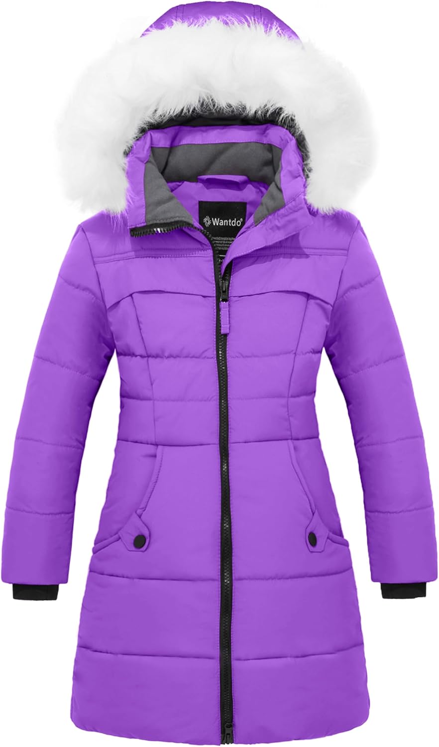 wantdo Girl's Winter Coat Waterproof Long Puffer Jacket Warm Parka with Faux Fur Hood