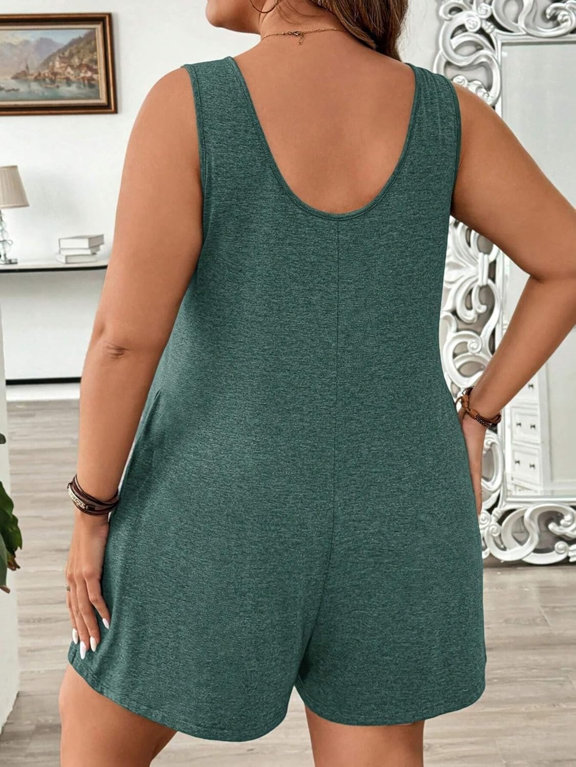 Rompers for Women Summer 2026 Plus Size Crew Neck Sleeveless Pocket Romper, Casual