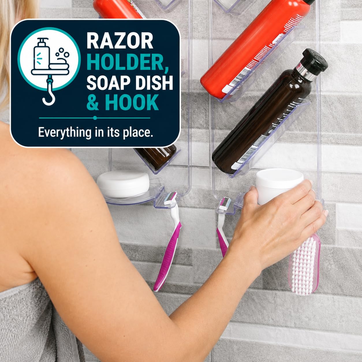 ShowerGem - Mensola da bagno, contenitore doccia per tenere in ordine tutti i prodotti, installazione senza ventose o viti, antiruggine, facile da pulire, come si vede su Dragons Den