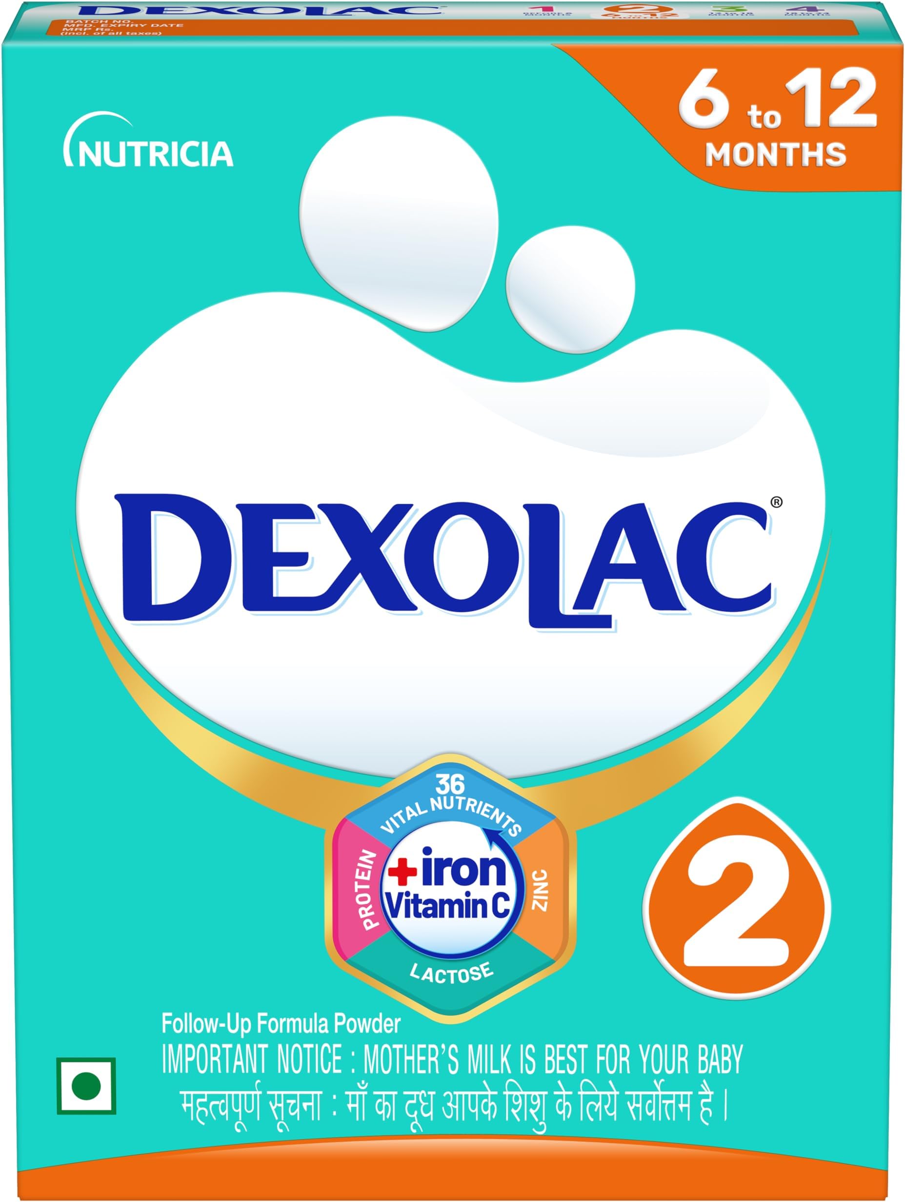 Dexolac Follow Up Infant Formula Milk Powder for Babies - Stage 2 (6 to 12 months) - with 36 Vital Nutrients - 400gms - BIB Pack