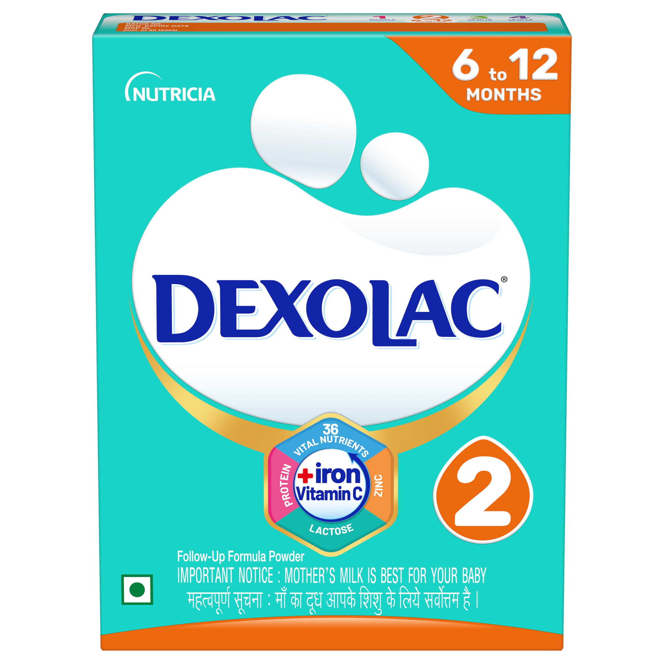 Dexolac Follow Up Infant Formula Milk Powder for Babies - Stage 2 (6 to 12 months) - with 36 Vital Nutrients - 400gms - BIB Pack