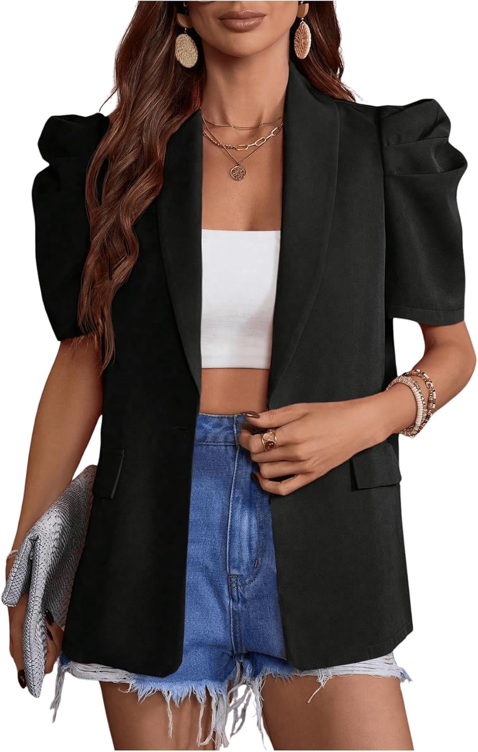 Verdusa Women's Short Sleeve Blazers Button Up Business Casual Cropped Blazer Collared Lightweight Jacket