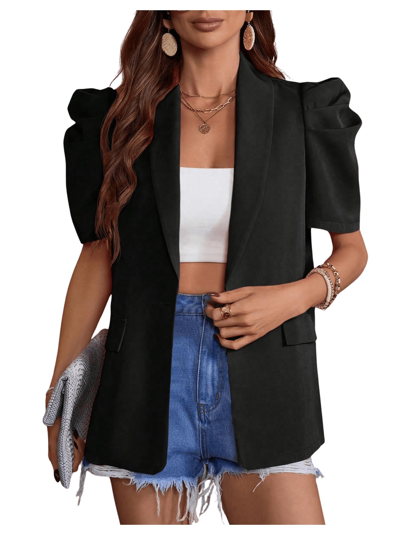 OYOANGLE Womens Single Breasted Blazers Gigot Short Sleeve Lapel Neck Dressy Office Jackets