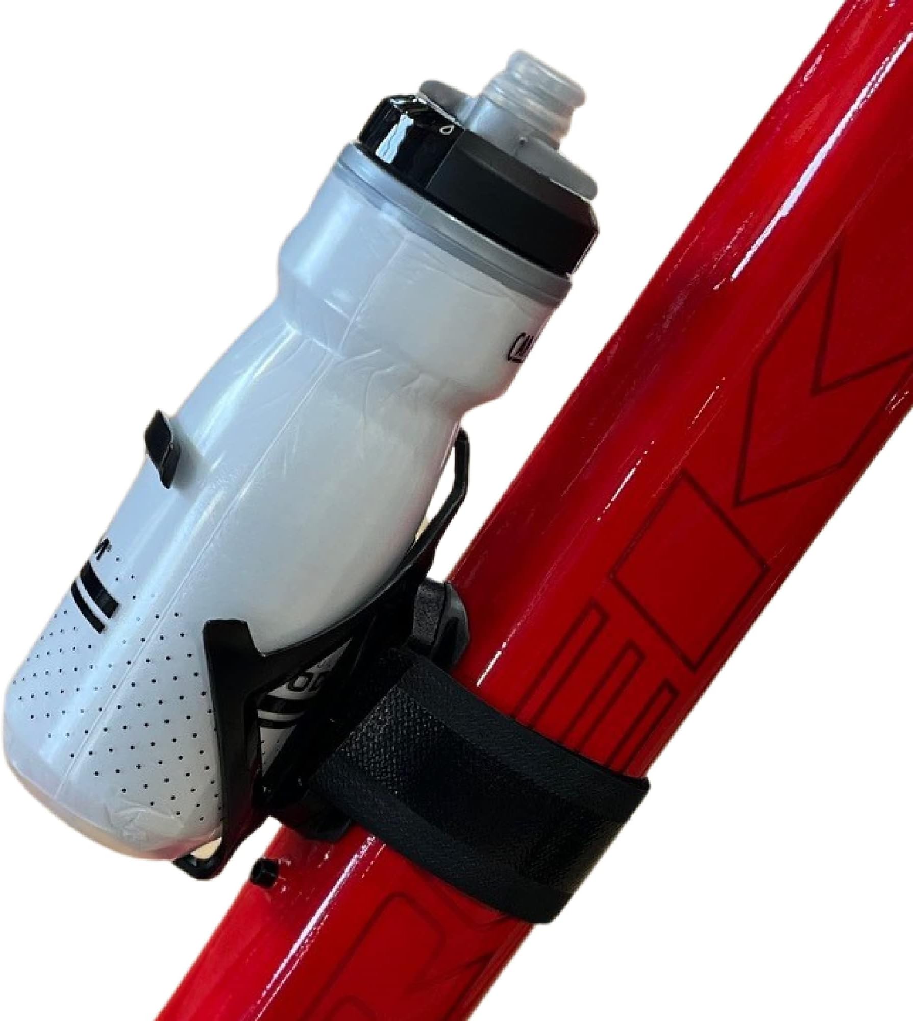 Side Loader Water Bottle Cage with Anywhere Strap - Works Great with Large Diameter EBIKE Frames - Works with Compact Frames