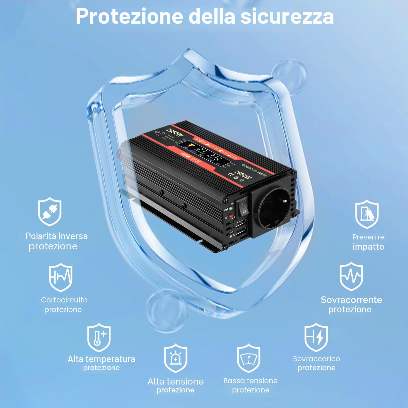 Premio Convertitore di Tensione 2000W 12V 220V Inverter per Auto con Allume Cigare 2 Porte USB