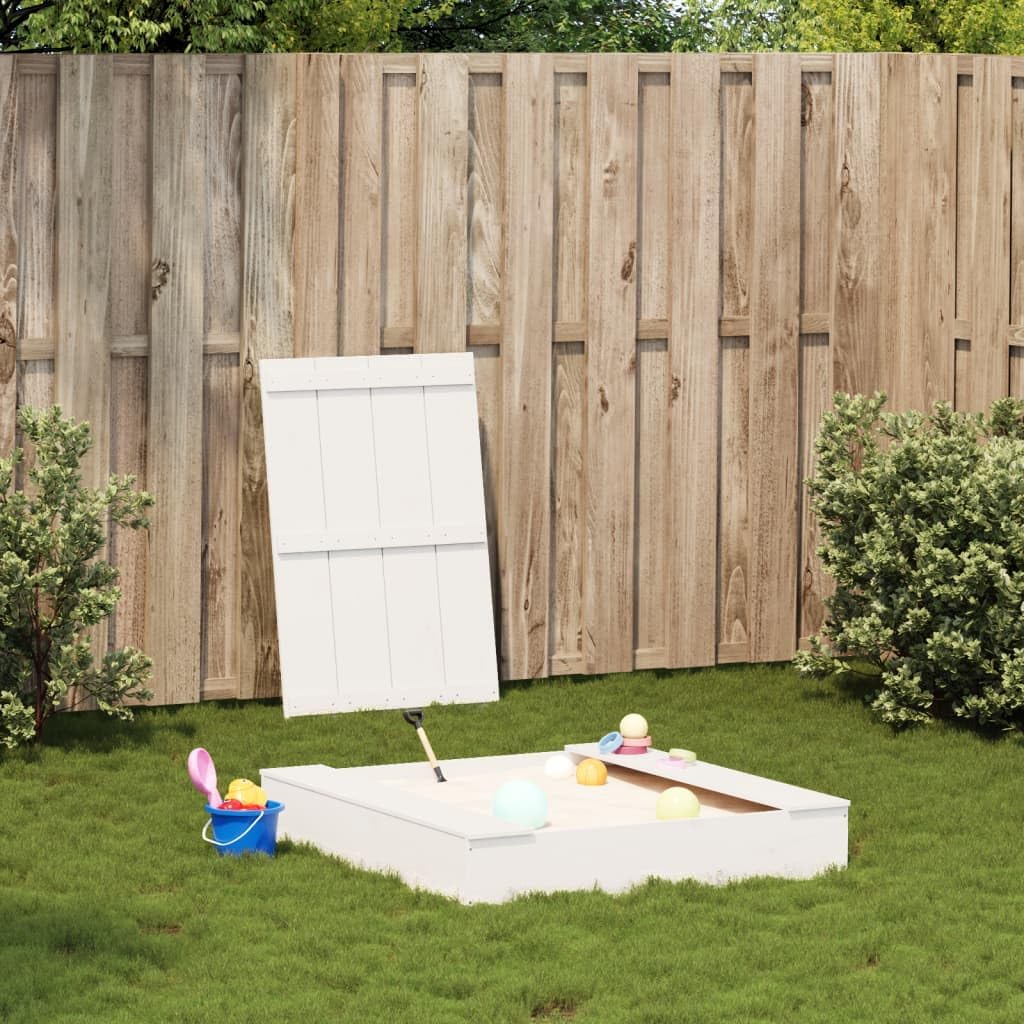 Wooden Sandpit with Cover for Backyard, Sand Boxes for Outdoor, White 43.7"x43.7"x7.7" Solid Wood Pine,-136