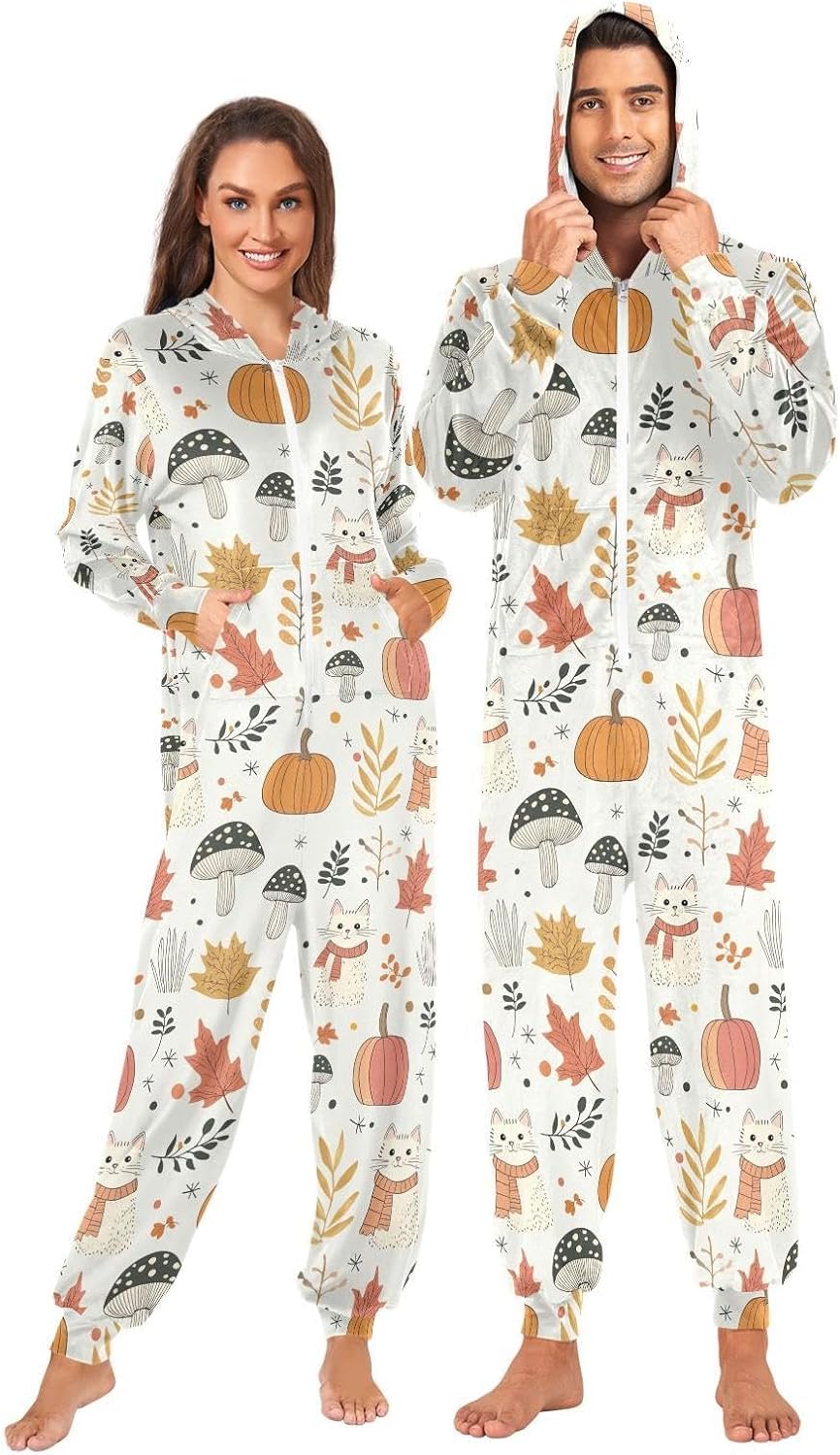 ZZKKO Autumn Cat Mushroom Abstract Adult Onesie Pajamas for Women Men Cozy One Piece Pajamas Costume Zip-Up Hooded S-XL