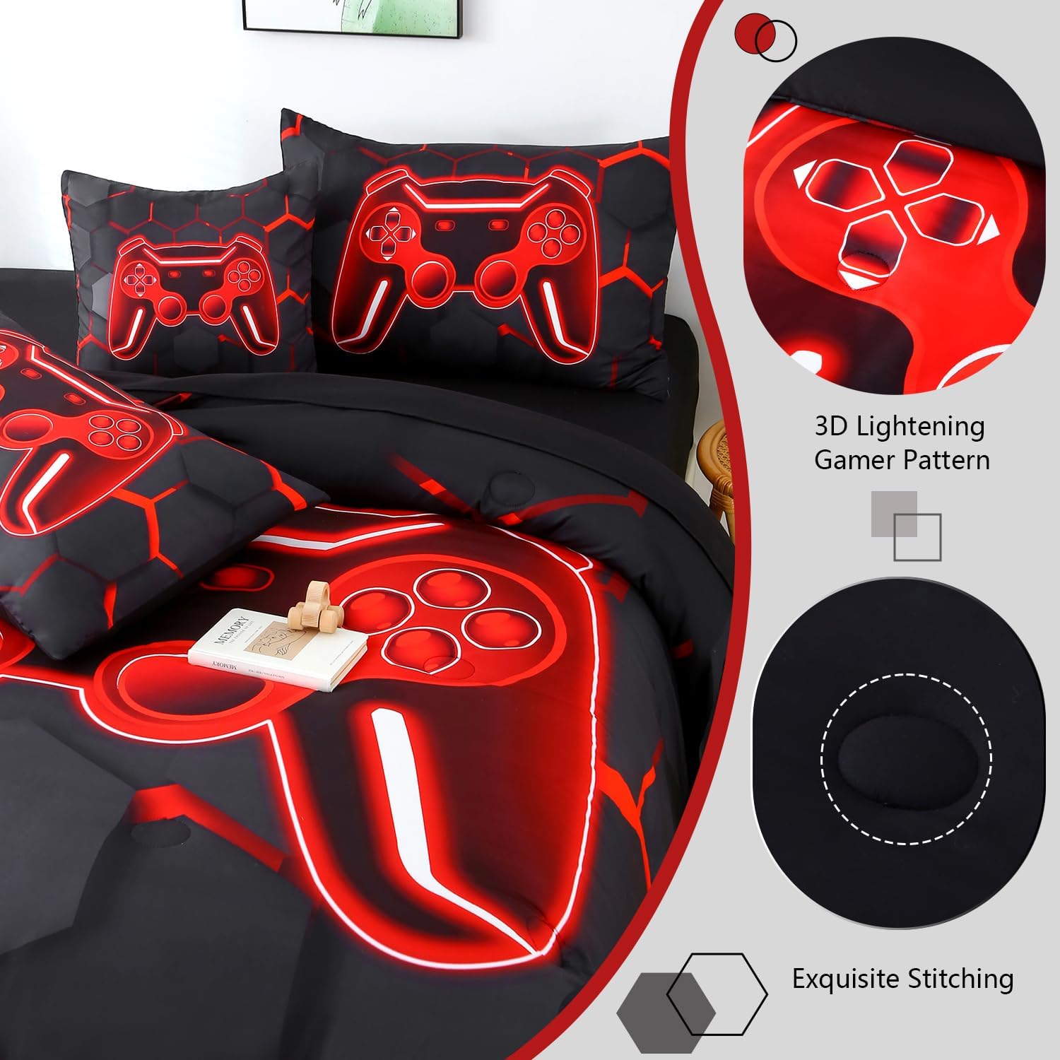 6 Pieces Kids Gaming Bedding Set Black and Red Twin Comforter Set for Boys 3D Video Game Teen Boy Bed in A Bag Honeycomb Gamer Comforter and Sheet Set (Black Red, Twin) - Image 5