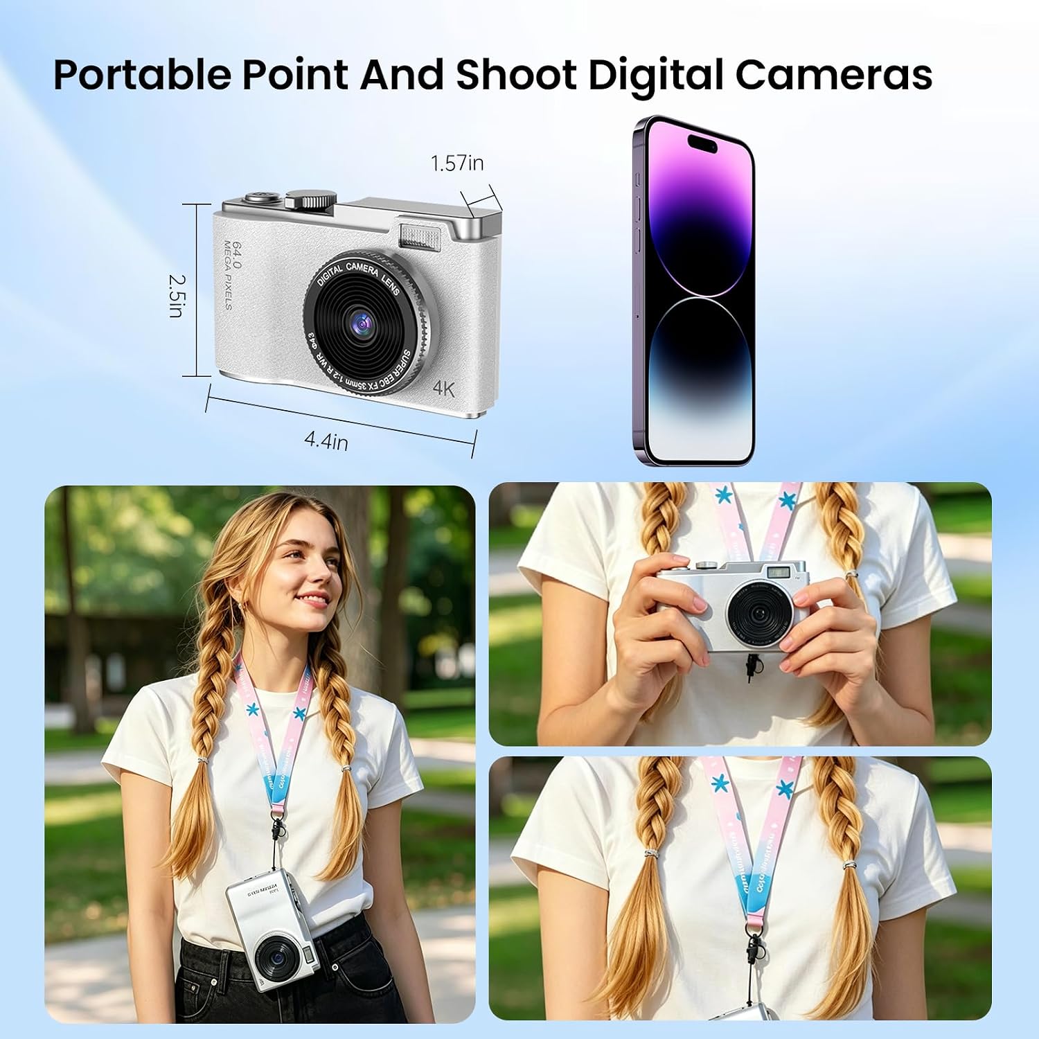 4K Digital Camera with 32GB SD Card & Lanyard,48MP Point and Shoot Digital Cameras, 16X Zoom Compact Small Digital Camera with Flash, Filters, Games, Video Recording for Teens Travel Vlog (White)