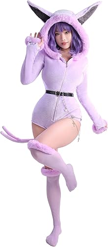 Mobbunny Mameluco de anime derivado de pijama con cinturón de cola y calcetines mullido bodycon con capucha