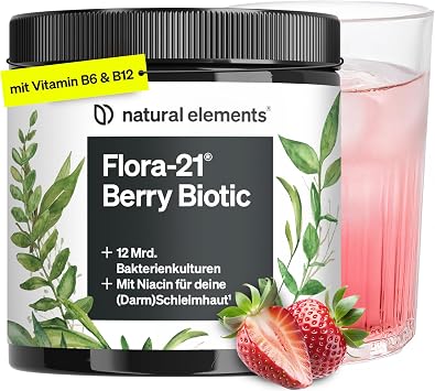 natural elements Flora 21 Berry Biotic Drink Powder - 13 Bacterial Strains with Fibre & Vitamin B Complex - 12 Billion CFU / Serving - Strawberry Flavour - 30 Servings - Vegan No Unnecessary Additives